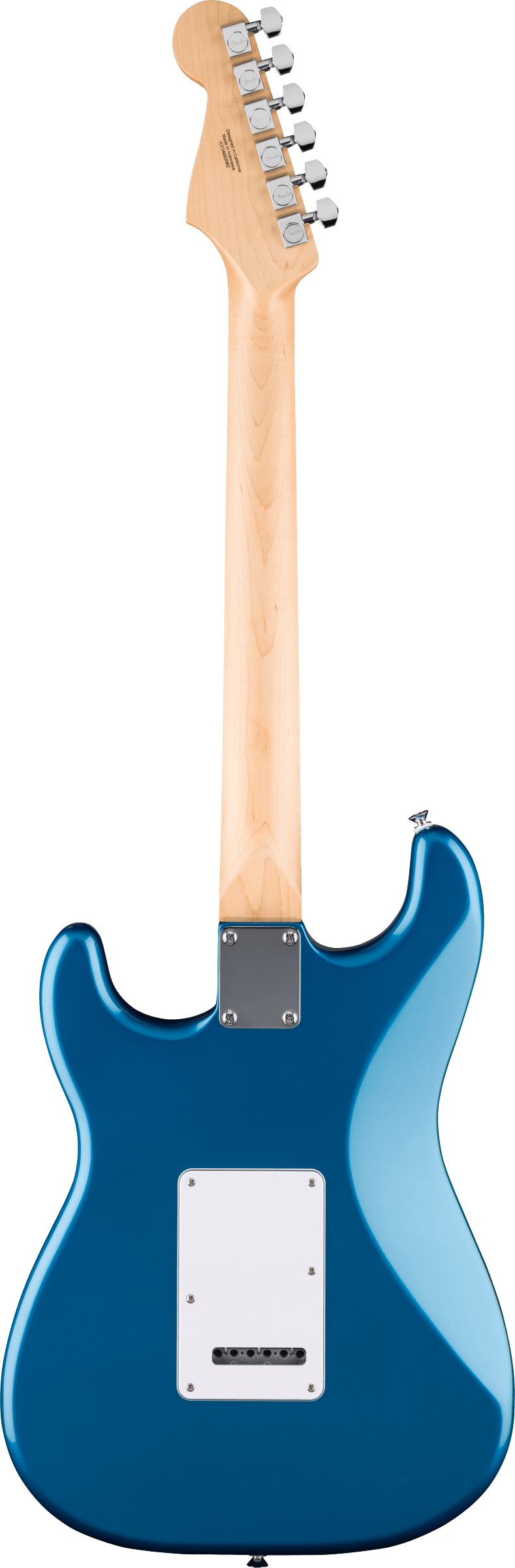 Blue electric guitar viewed from the back, natural wood neck, six chrome tuning pegs, white rectangular cover plate on the body.