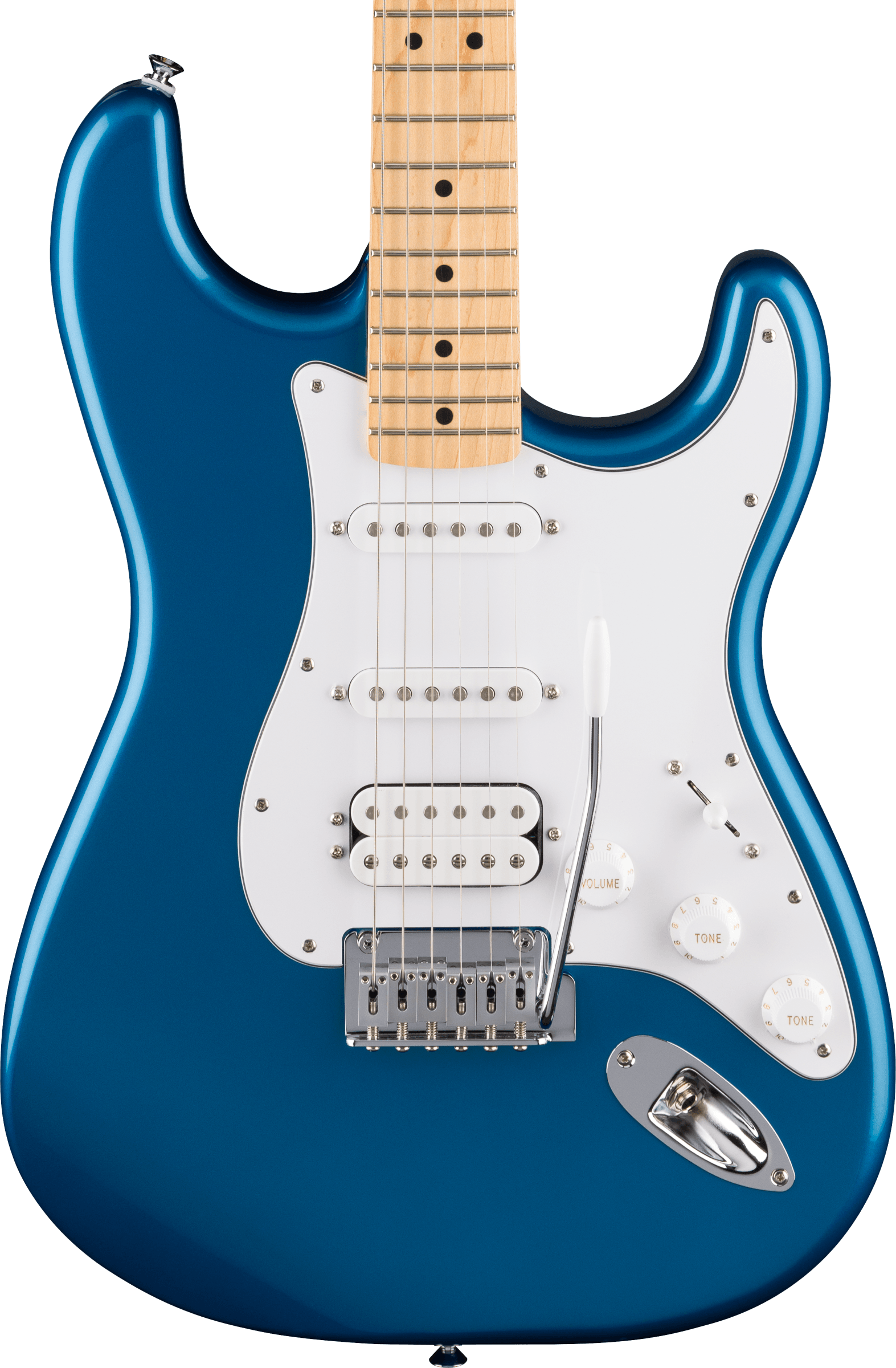 Blue electric guitar with a white pickguard, three pickups, three control knobs, a selector switch, and a tremolo arm.