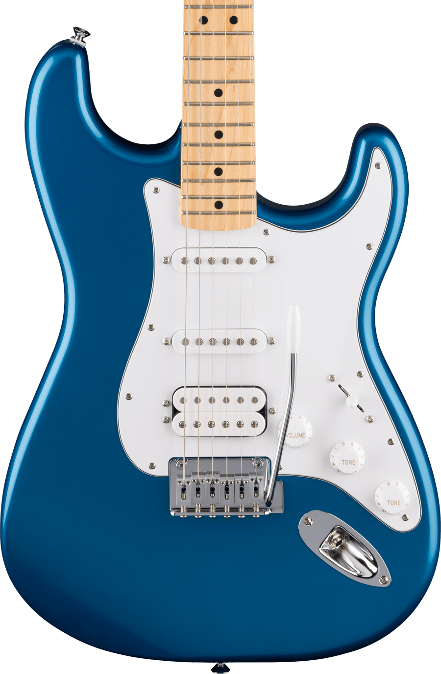 Blue electric guitar with a white pickguard, three pickups, three control knobs, a selector switch, and a tremolo arm.