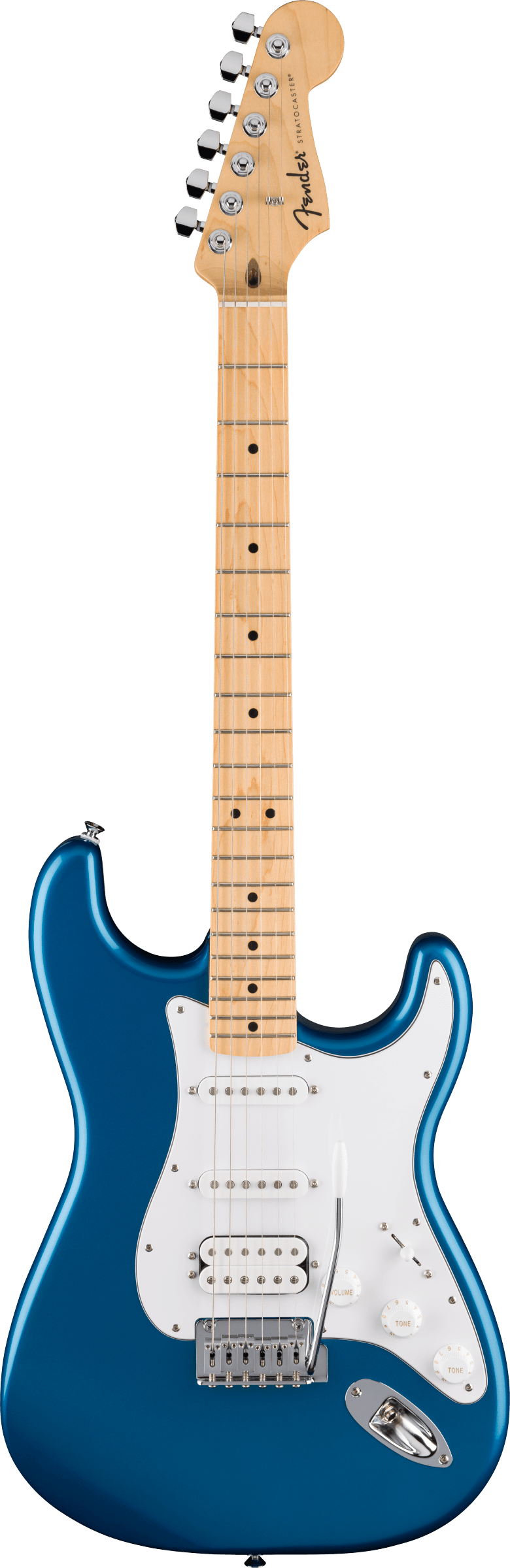 Blue Fender Stratocaster electric guitar with a white pickguard, three pickups, maple neck, and chrome hardware.