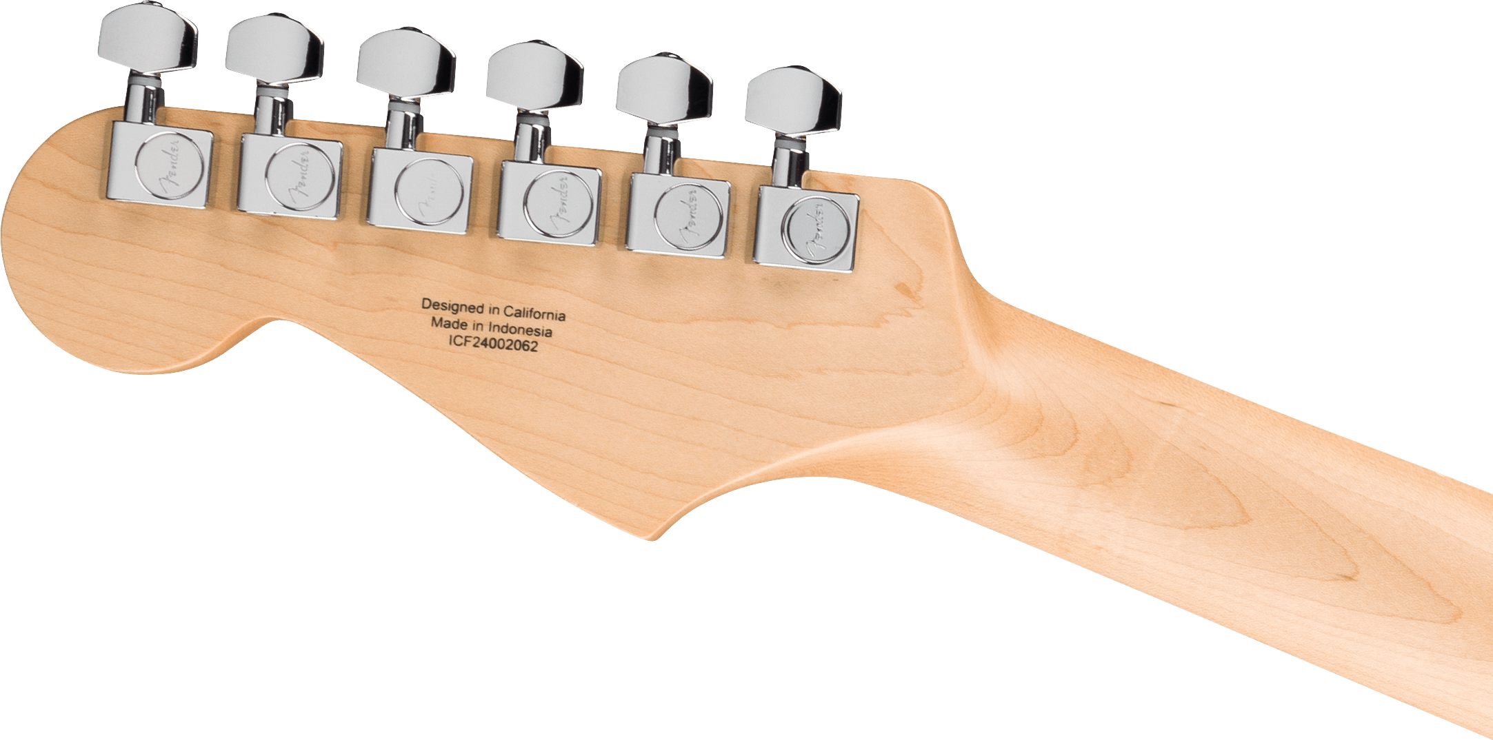 Back of an electric guitar headstock showing six chrome tuning pegs on light wood, with “Designed in California, Made in Indonesia” printed below.
