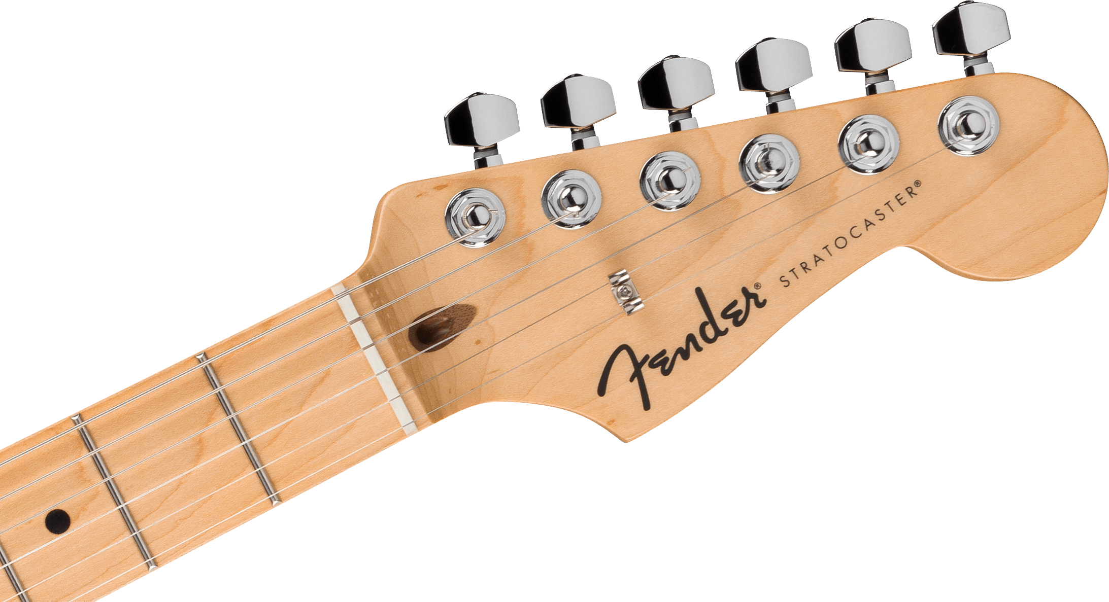 Maple headstock of a Fender Stratocaster electric guitar with six tuning pegs and black Fender logo on light wood.
