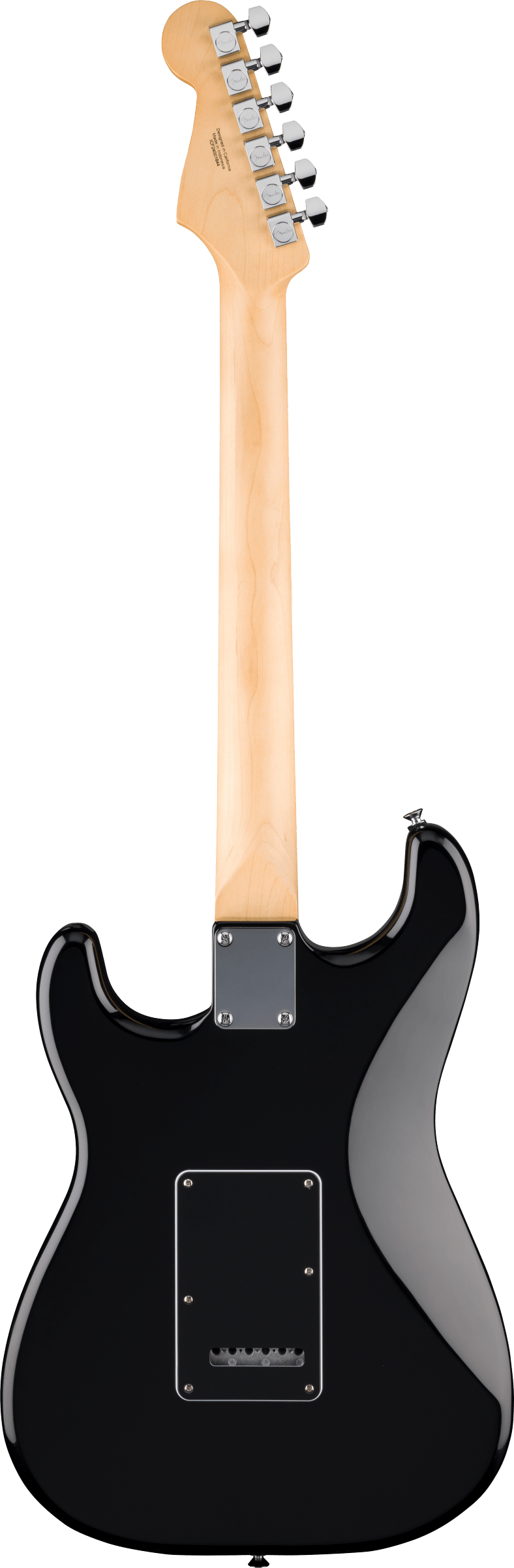 Black electric guitar viewed from the back, with a light wood neck, chrome tuning pegs, and a rectangular cover plate on the body.