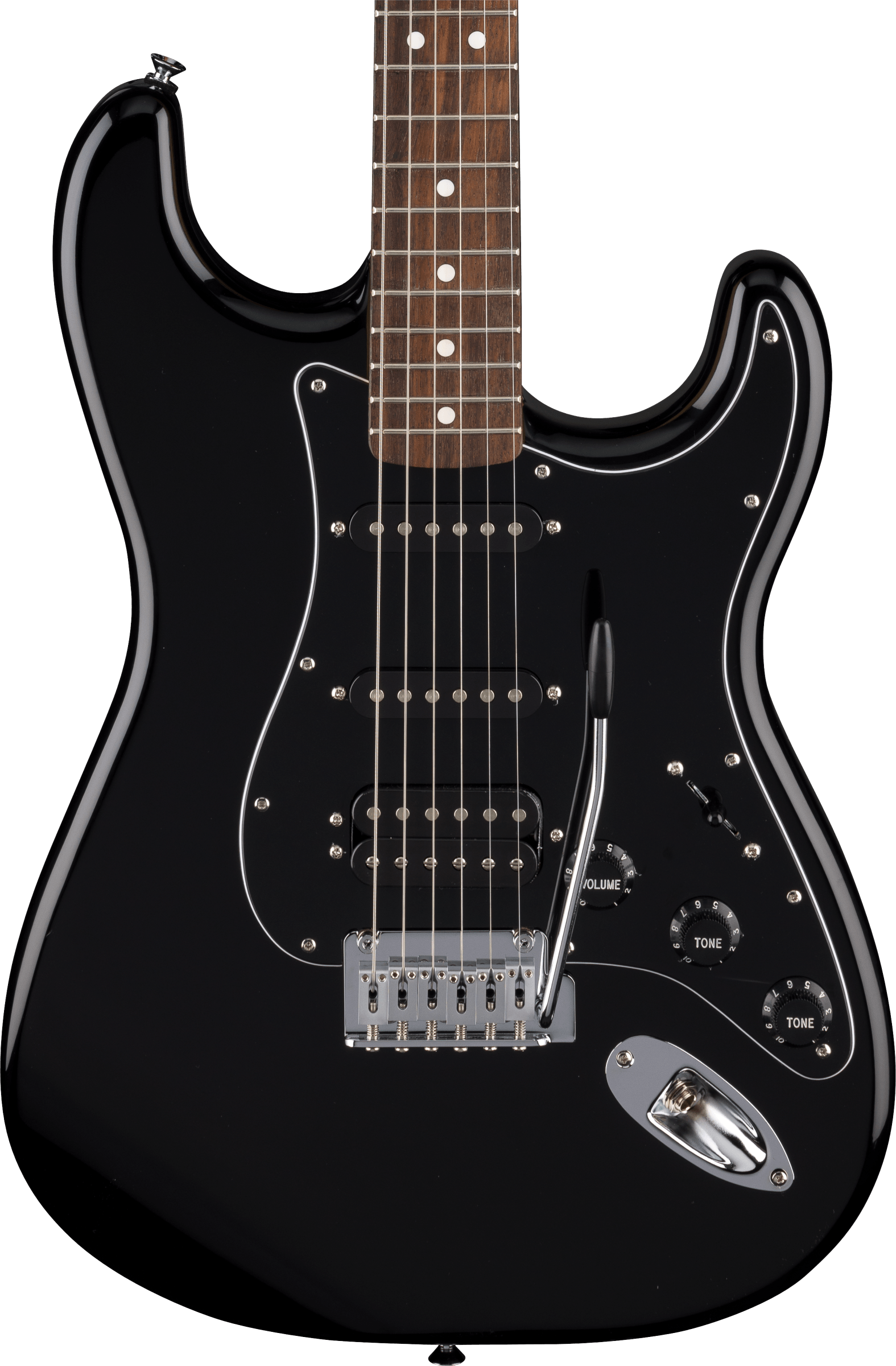 Black electric guitar with glossy finish, three pickups, silver bridge, three control knobs, white dot inlays on brown fretboard, and a whammy bar.