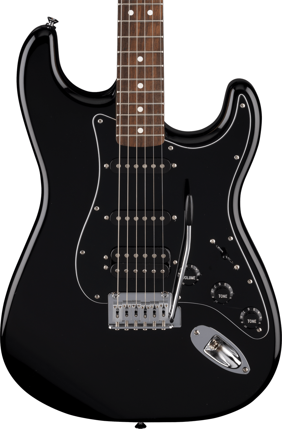 Black electric guitar with glossy finish, three pickups, silver bridge, three control knobs, white dot inlays on brown fretboard, and a whammy bar.