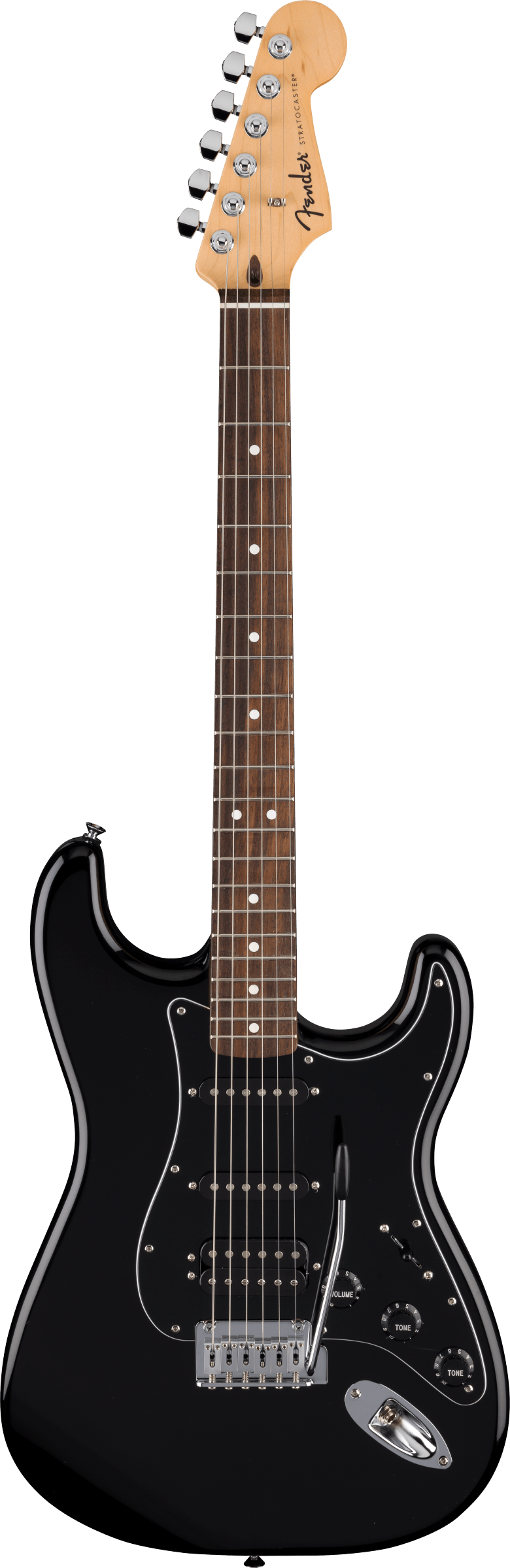 Black Fender Stratocaster electric guitar with a white pickguard, rosewood fretboard, chrome hardware, three pickups, and a tremolo bar.
