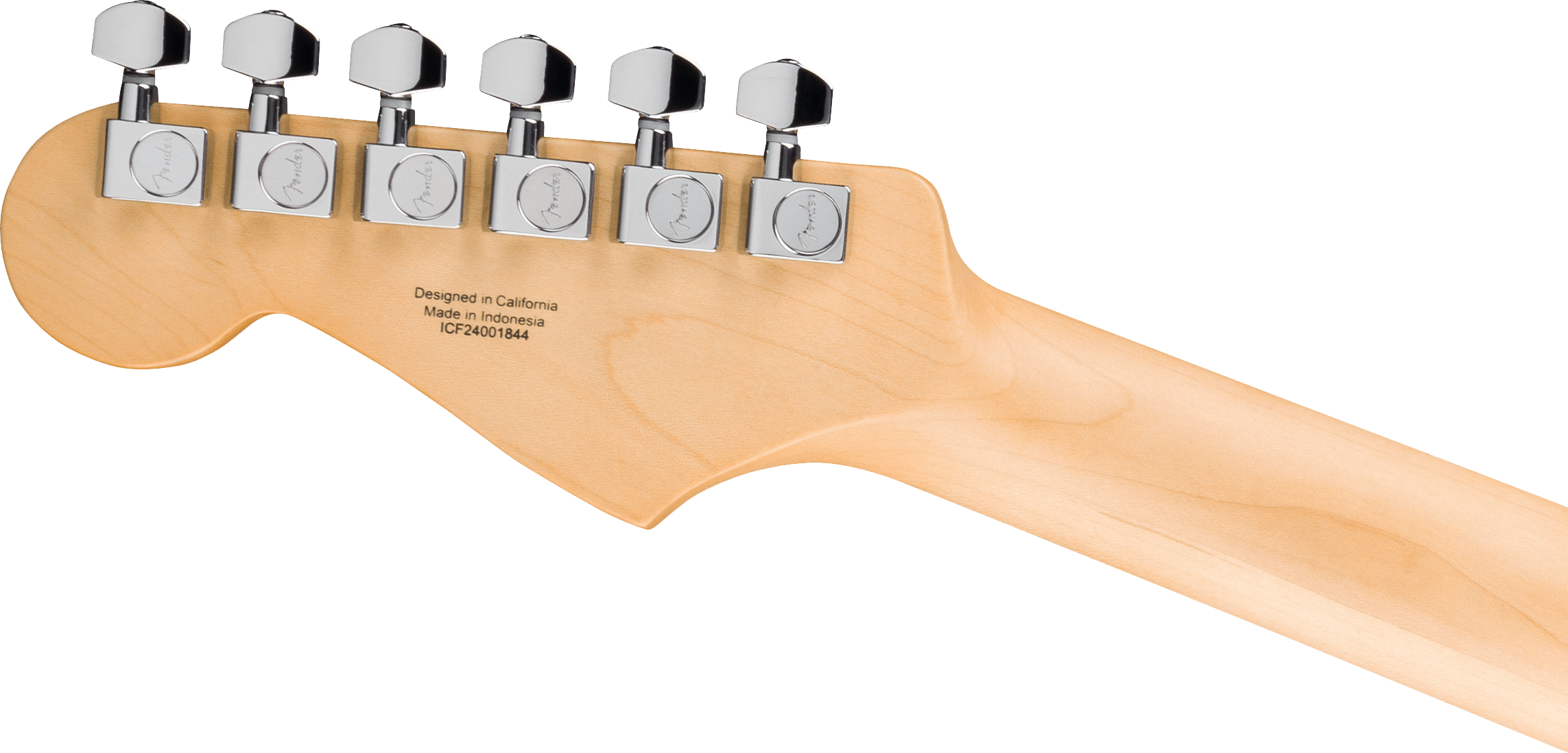 Six chrome tuning pegs with "Fender" logos line the back of a light wood electric guitar headstock, labeled as made in Indonesia.