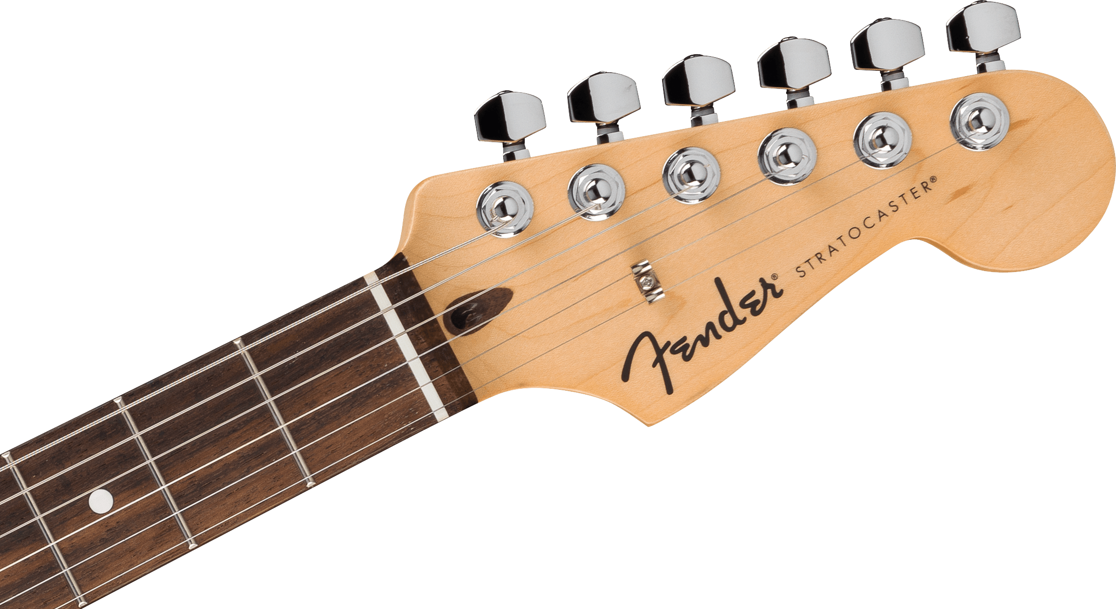Light wood headstock of a Fender Stratocaster electric guitar with six chrome tuning pegs and part of a dark wood fretboard visible.