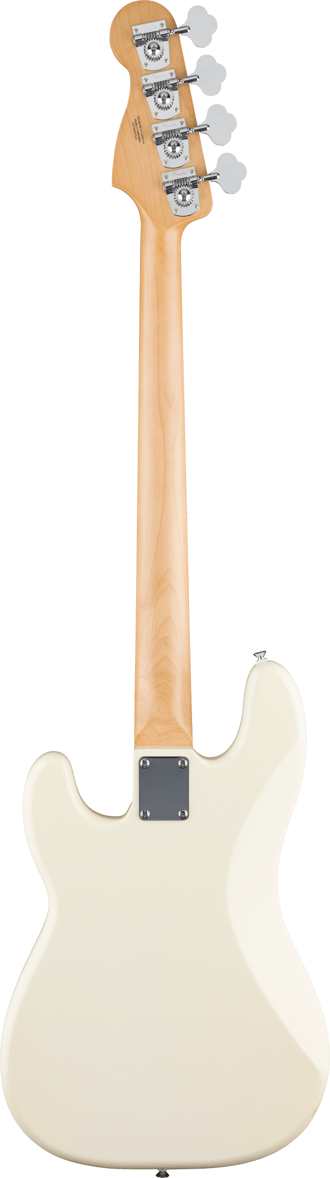 Cream-colored electric bass viewed from the back, showing a maple neck, four tuning pegs, and a contoured body with a metal neck plate.