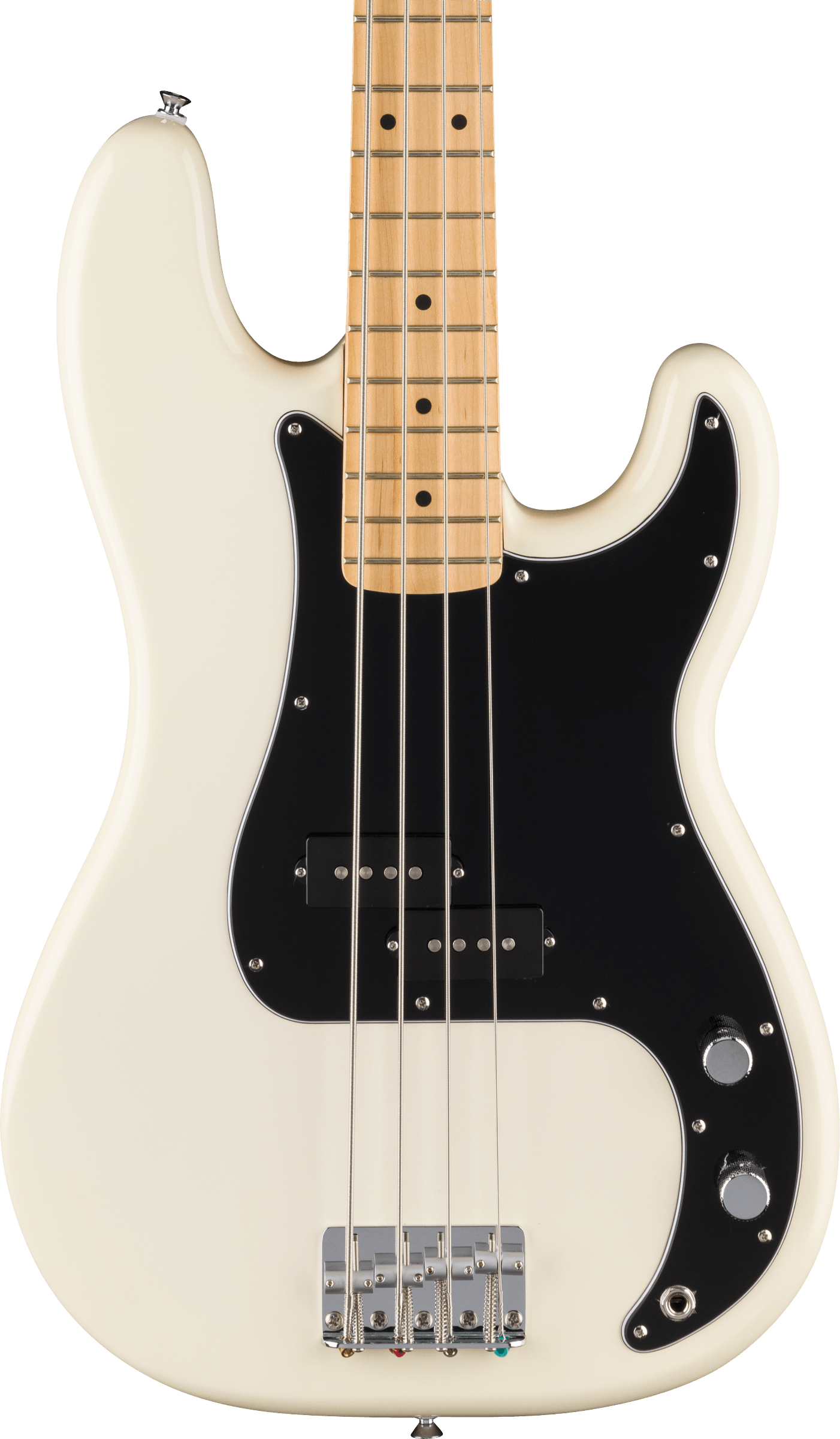 Cream-colored electric bass with four strings, a black pickguard, two control knobs, and a light maple neck and fretboard.