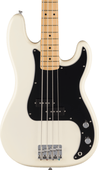 Cream-colored electric bass with four strings, a black pickguard, two control knobs, and a light maple neck and fretboard.