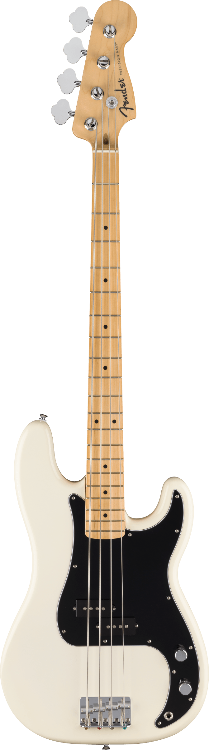 White Fender electric bass guitar with a black pickguard, four silver tuning pegs, maple neck, and two control knobs.
