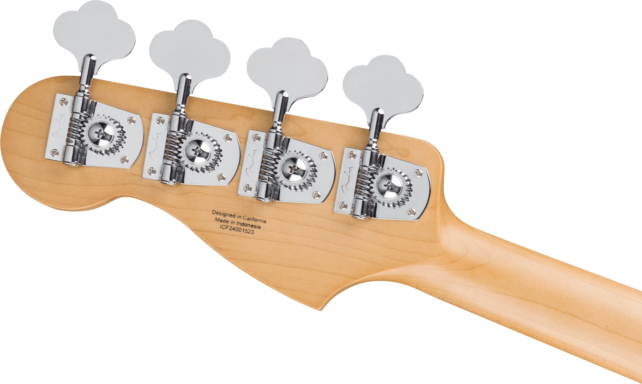 Back of a light wood electric bass headstock, showing four large chrome tuning pegs and stamped manufacturing details.