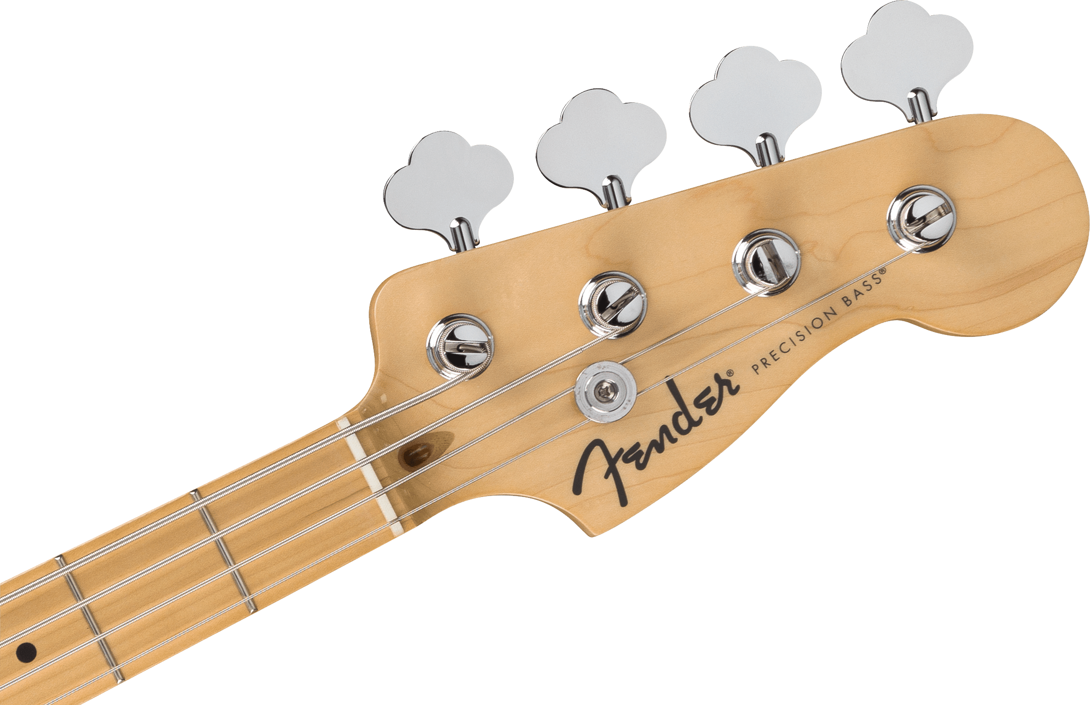 Light wood Fender Precision Bass headstock with four metal tuning pegs, silver strings, and black logo on the front.
