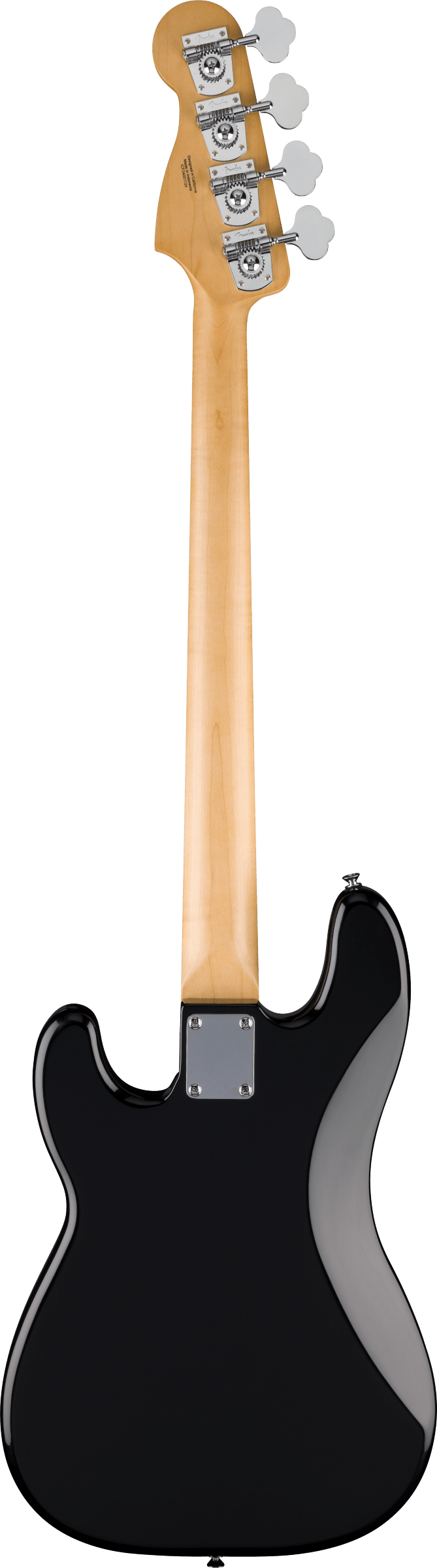 Electric bass rear view showing a black contoured body, light wood neck, and four metal tuning keys on the headstock.