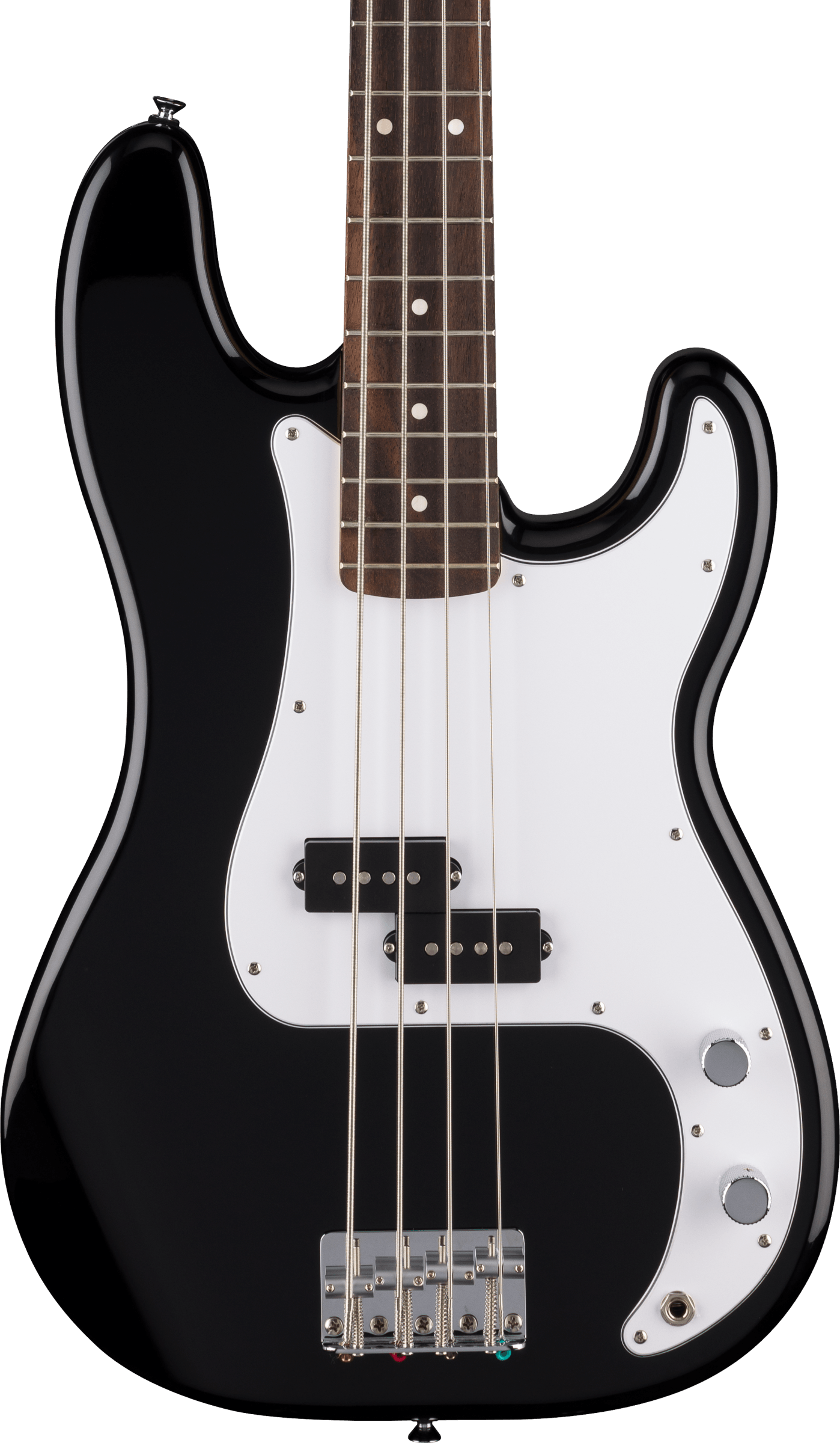 Black electric bass guitar with a white pickguard, four strings, two pickups, three control knobs, and a rosewood fretboard with dot inlays.