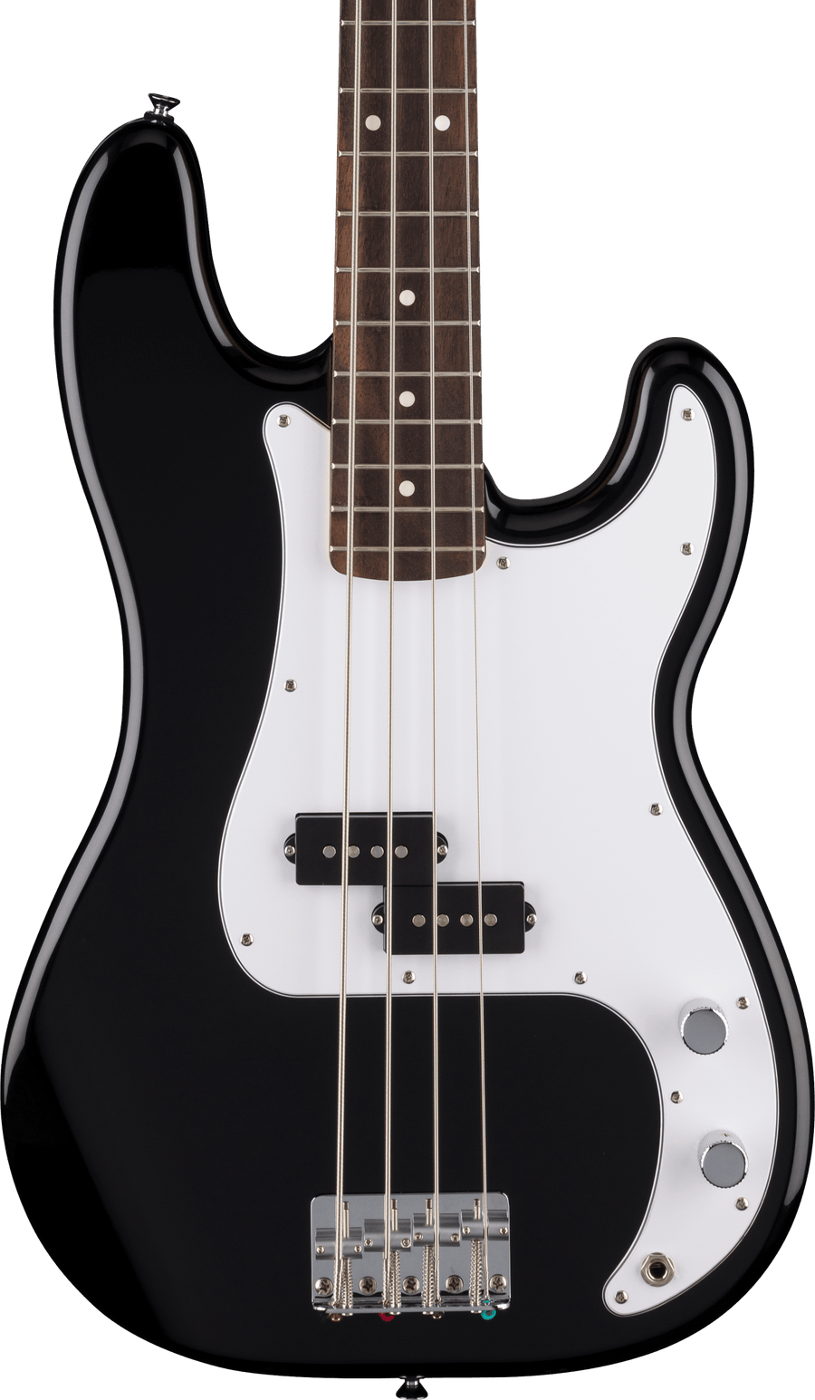 Black electric bass guitar with a white pickguard, four strings, two pickups, three control knobs, and a rosewood fretboard with dot inlays.