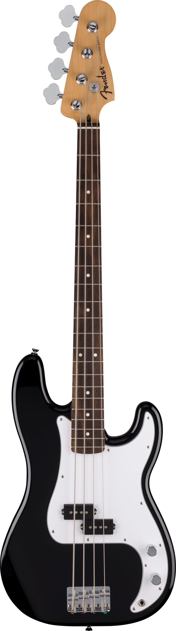 Fender Precision Bass electric bass with a black body, white pickguard, four strings, and a maple headstock with chrome tuning pegs.
