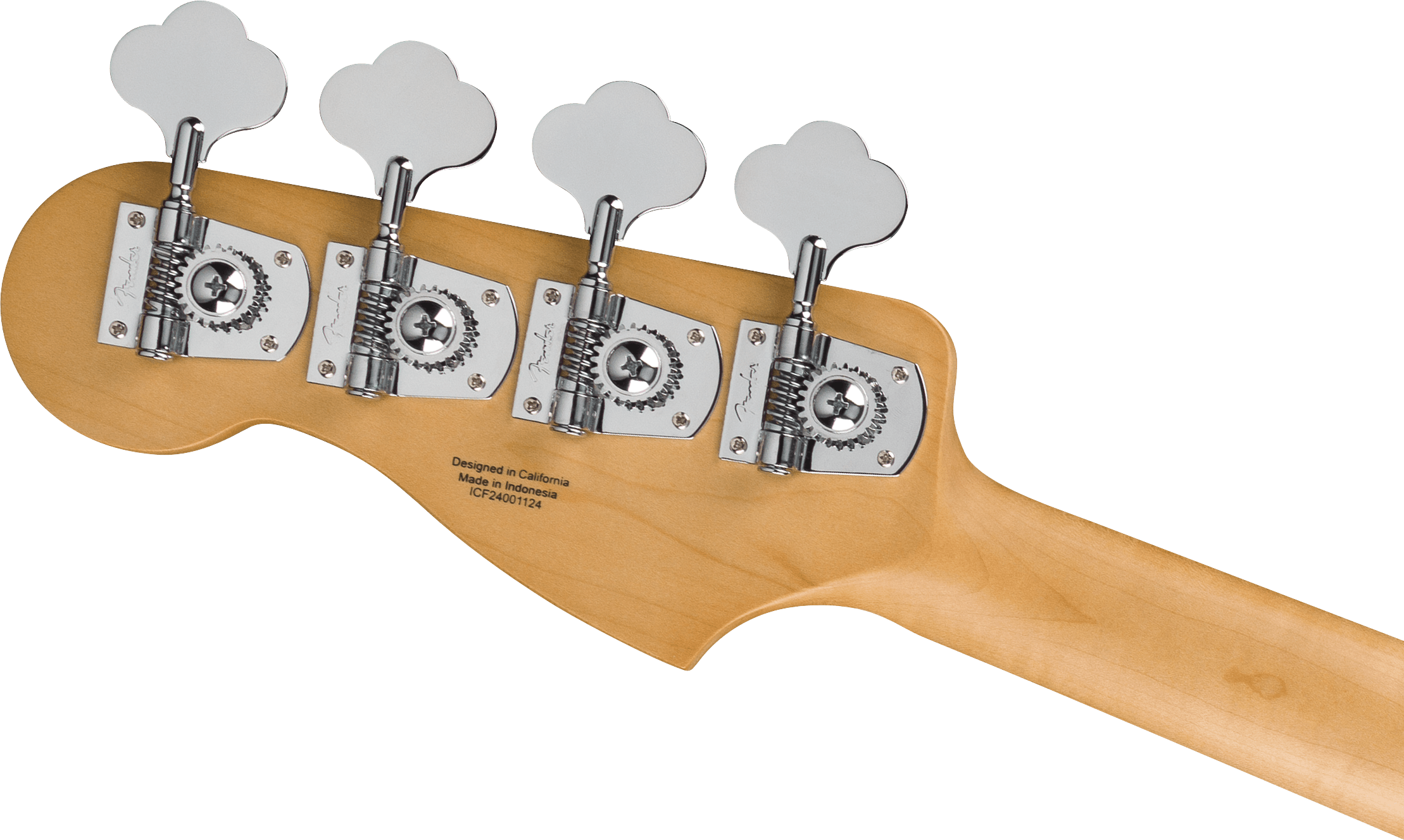 Four large chrome tuning pegs on a light wood electric bass headstock, with text saying designed in California, made in Indonesia.