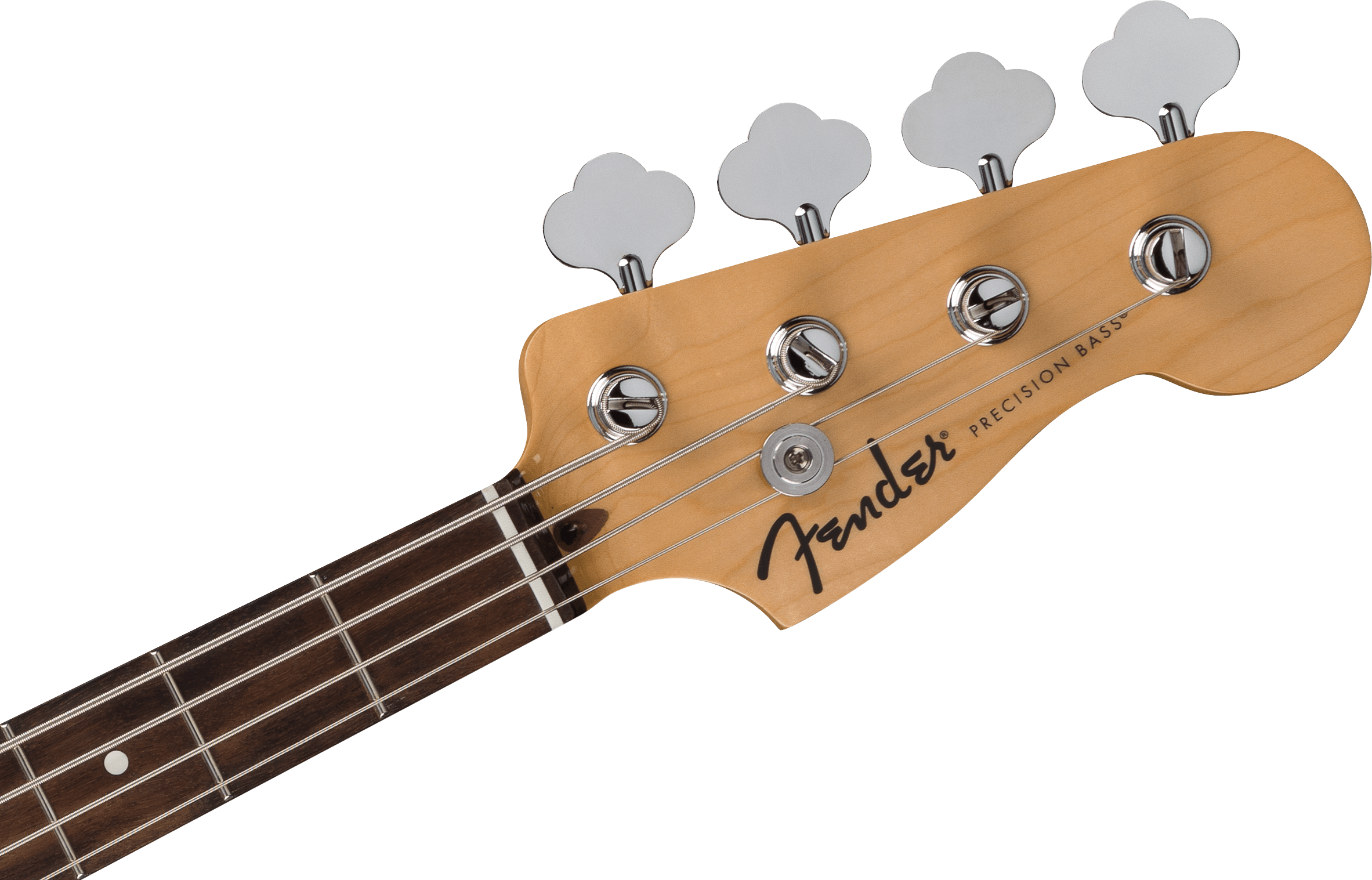 Headstock of a Fender Precision Bass with four tuning pegs, metal strings, rosewood fretboard, and the Fender logo in black script.