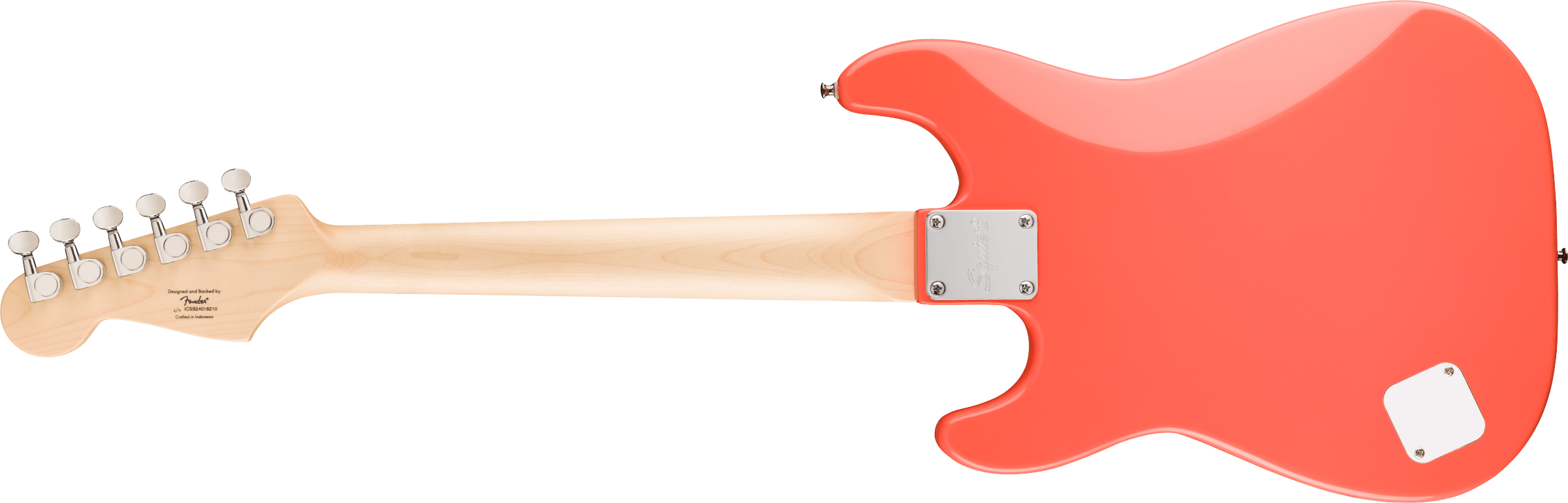 Electric guitar with a light wood neck and headstock, six tuning pegs, and a glossy coral red body shown from the back.
