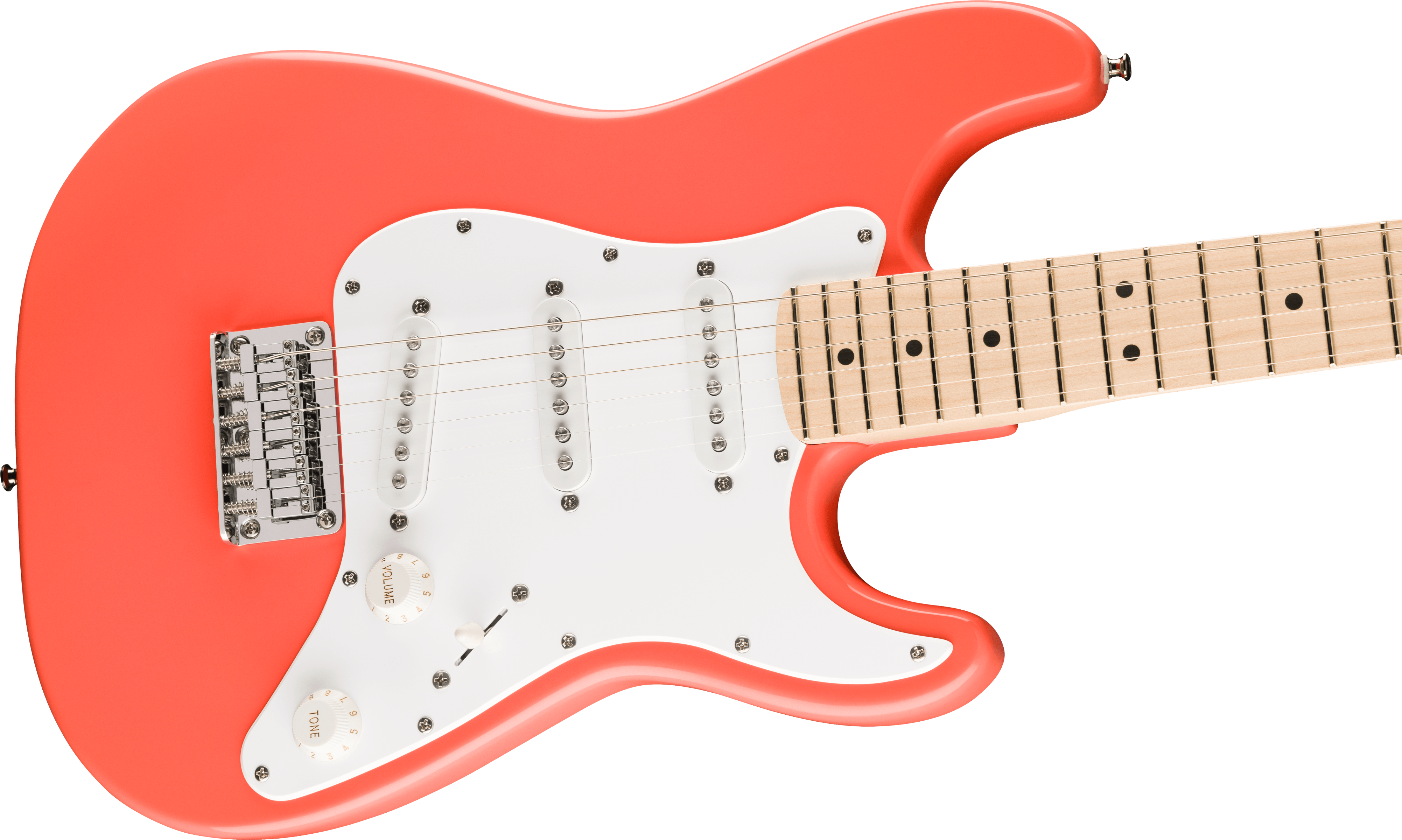 Coral pink electric guitar with a white pickguard, three single-coil pickups, two white control knobs, and a light maple fretboard.