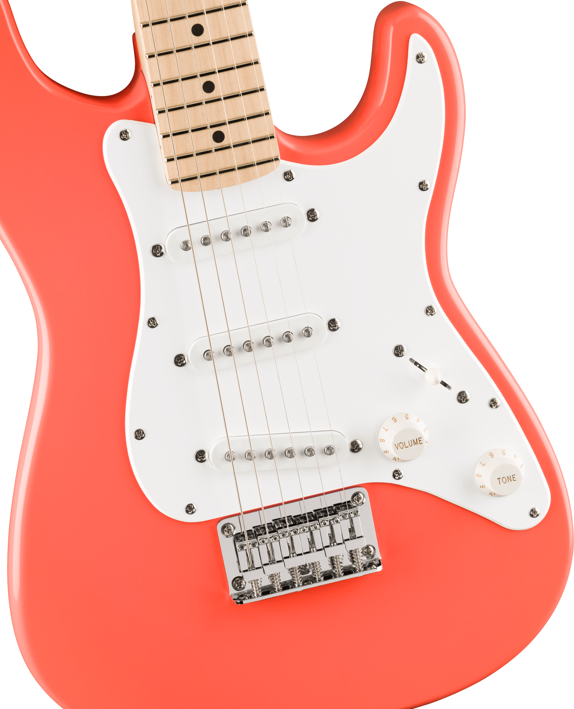 Electric guitar with a bright coral body, white pickguard, three single-coil pickups, and control knobs labeled volume and tone.