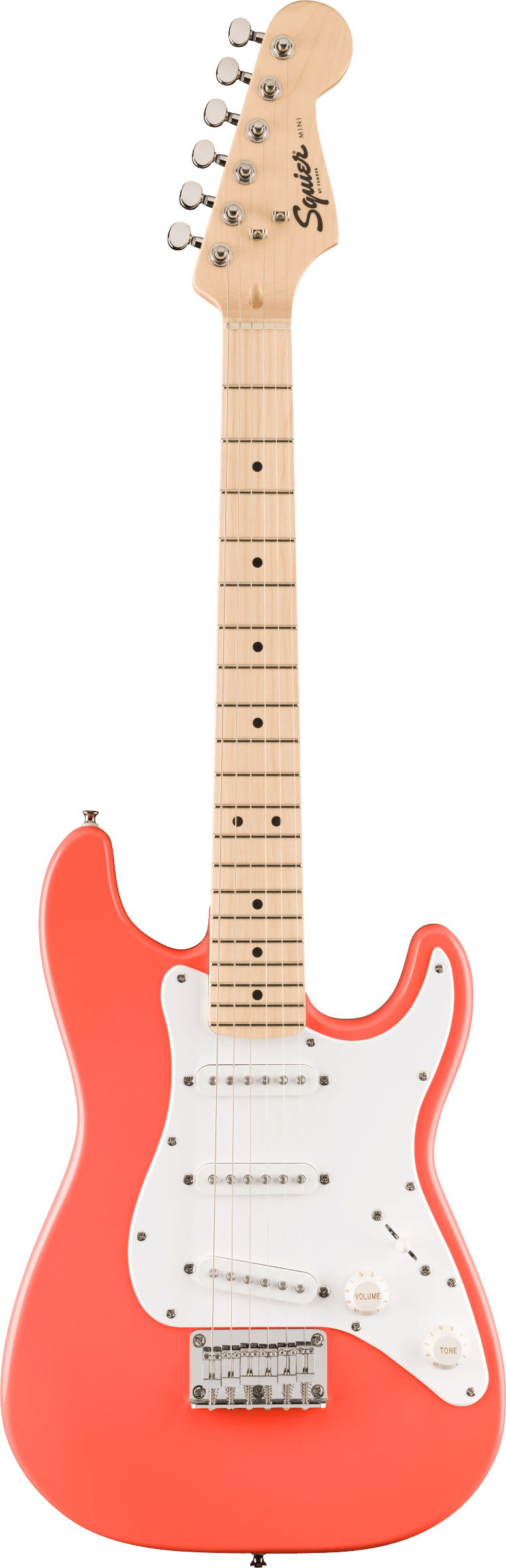 Squier Mini electric guitar in a bright red color with a white pickguard, three white pickups, and a natural wood neck and headstock.