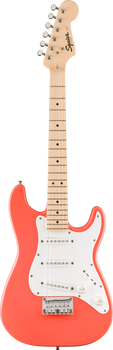 Squier Mini electric guitar in a bright red color with a white pickguard, three white pickups, and a natural wood neck and headstock.