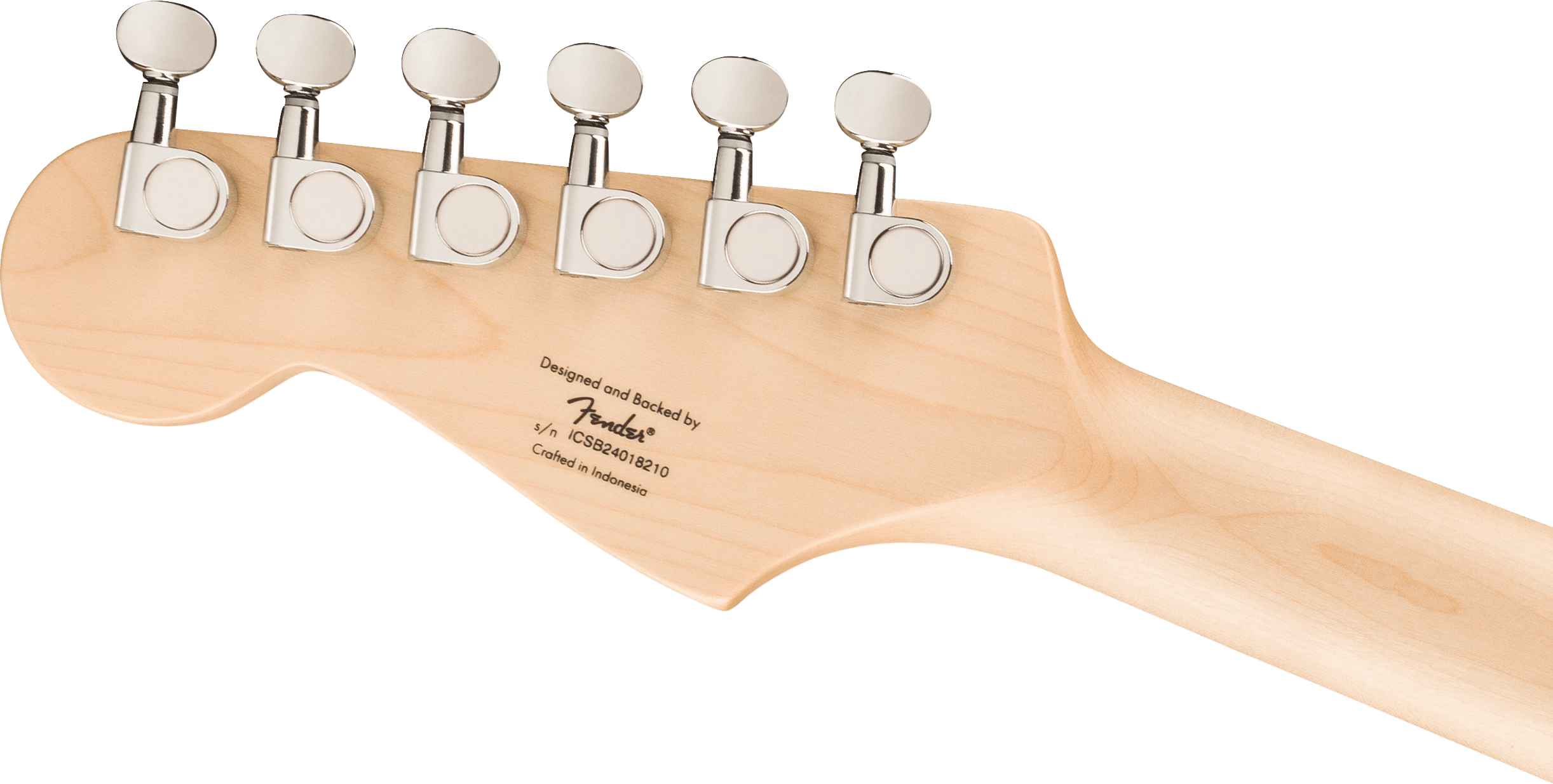 Six chrome tuning pegs line the headstock of a light wood Fender electric guitar neck, with serial and origin details printed below the pegs.