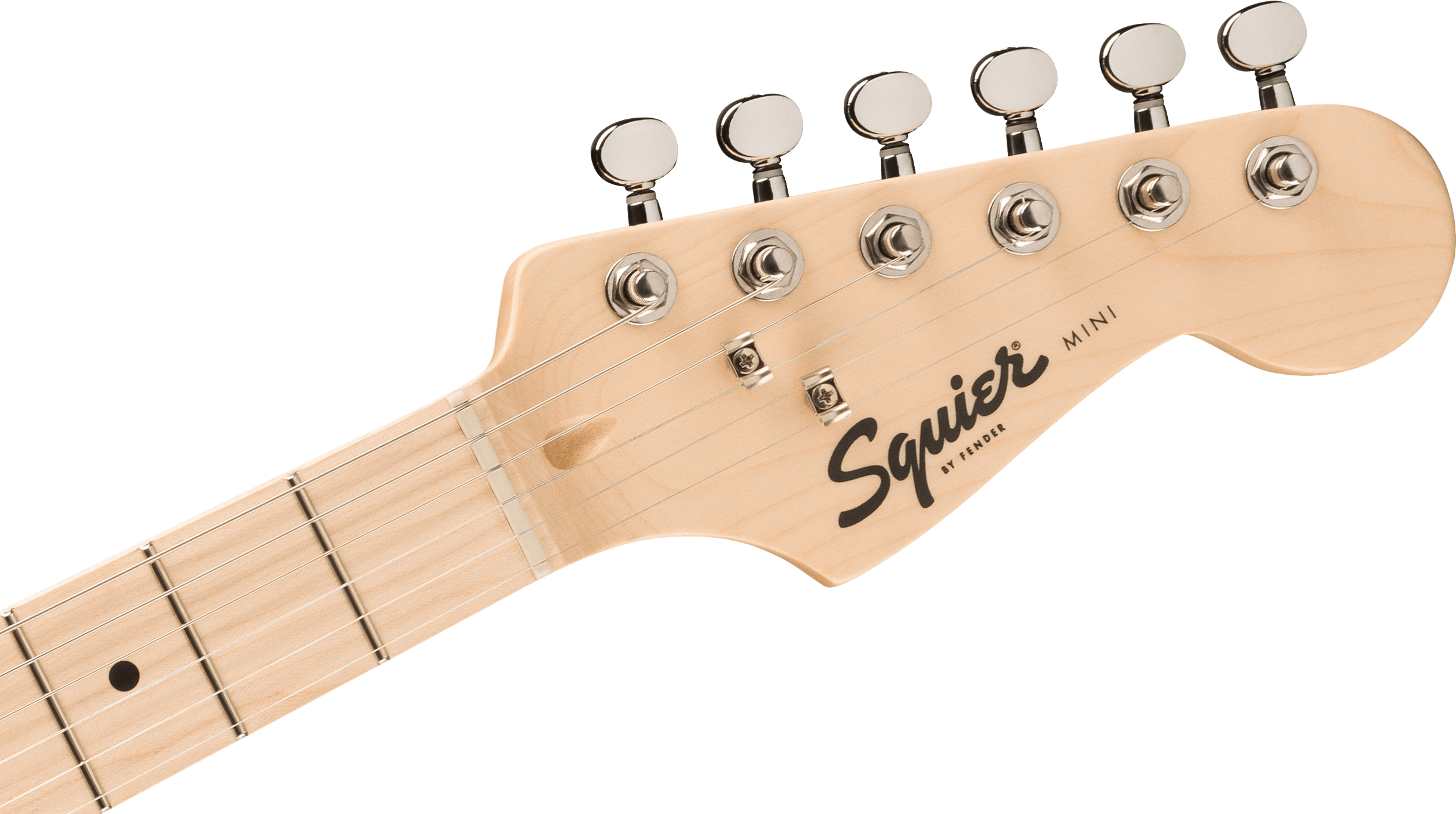Light wood Squier electric guitar headstock with six chrome tuners and black Squier logo, part of the neck and frets visible.