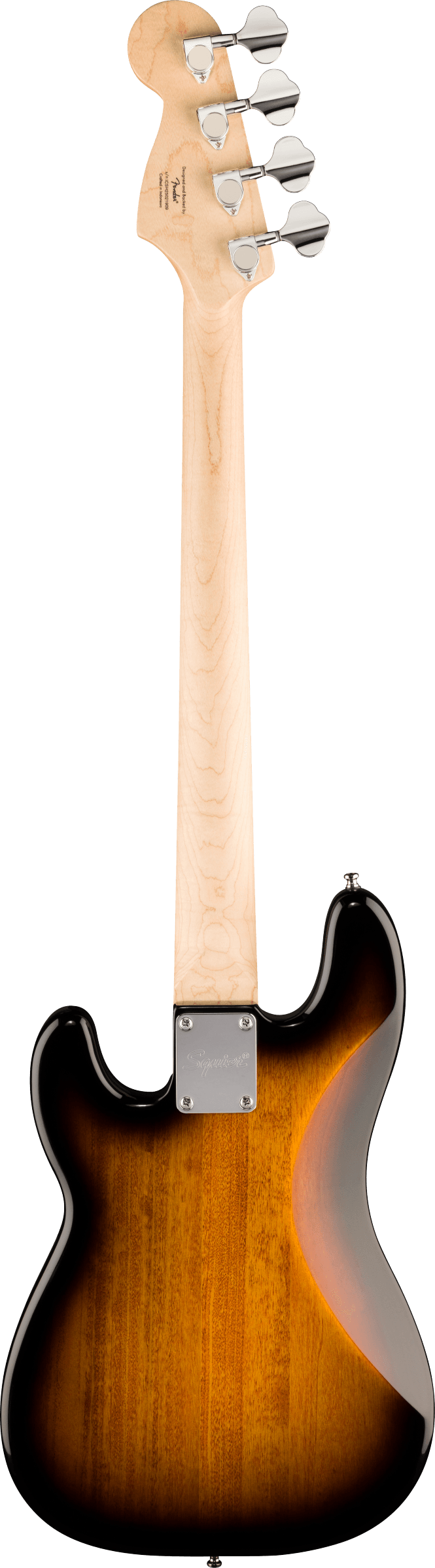 Electric guitar viewed from the back with a sunburst finish body, light wood neck, and four tuning pegs on the headstock.