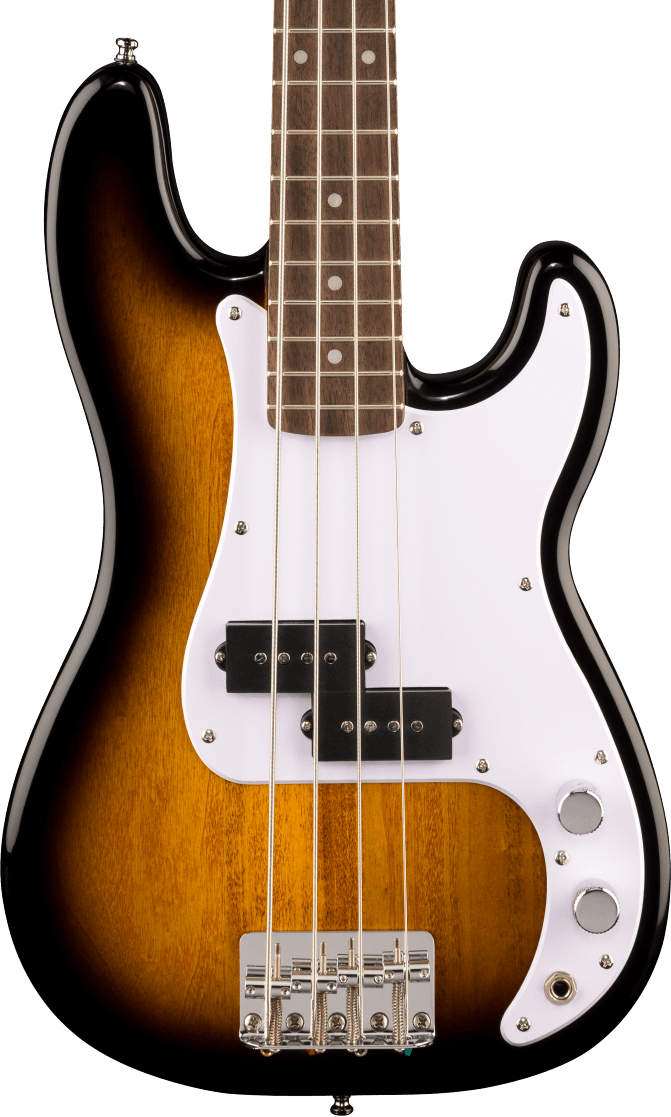 Sunburst electric bass guitar body with white pickguard, four strings, two black pickups, and silver control knobs.