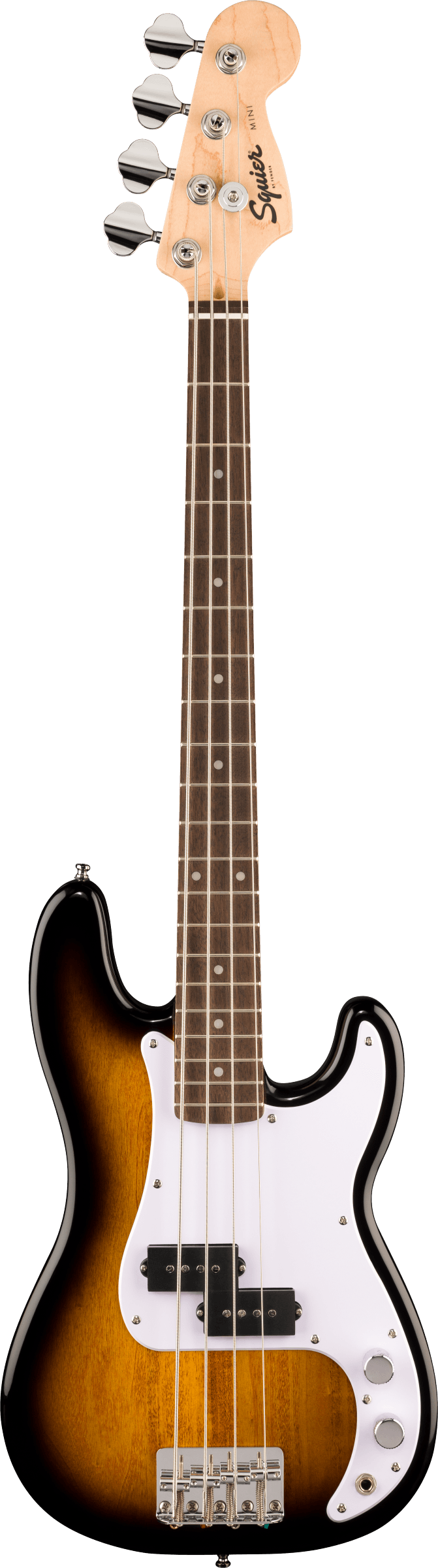 Four-string Squier electric guitar with sunburst body, white pickguard, chrome knobs, and a dark wood fretboard with dot inlays.