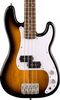Sunburst electric bass guitar body with white pickguard, four strings, two black pickups, and silver control knobs.