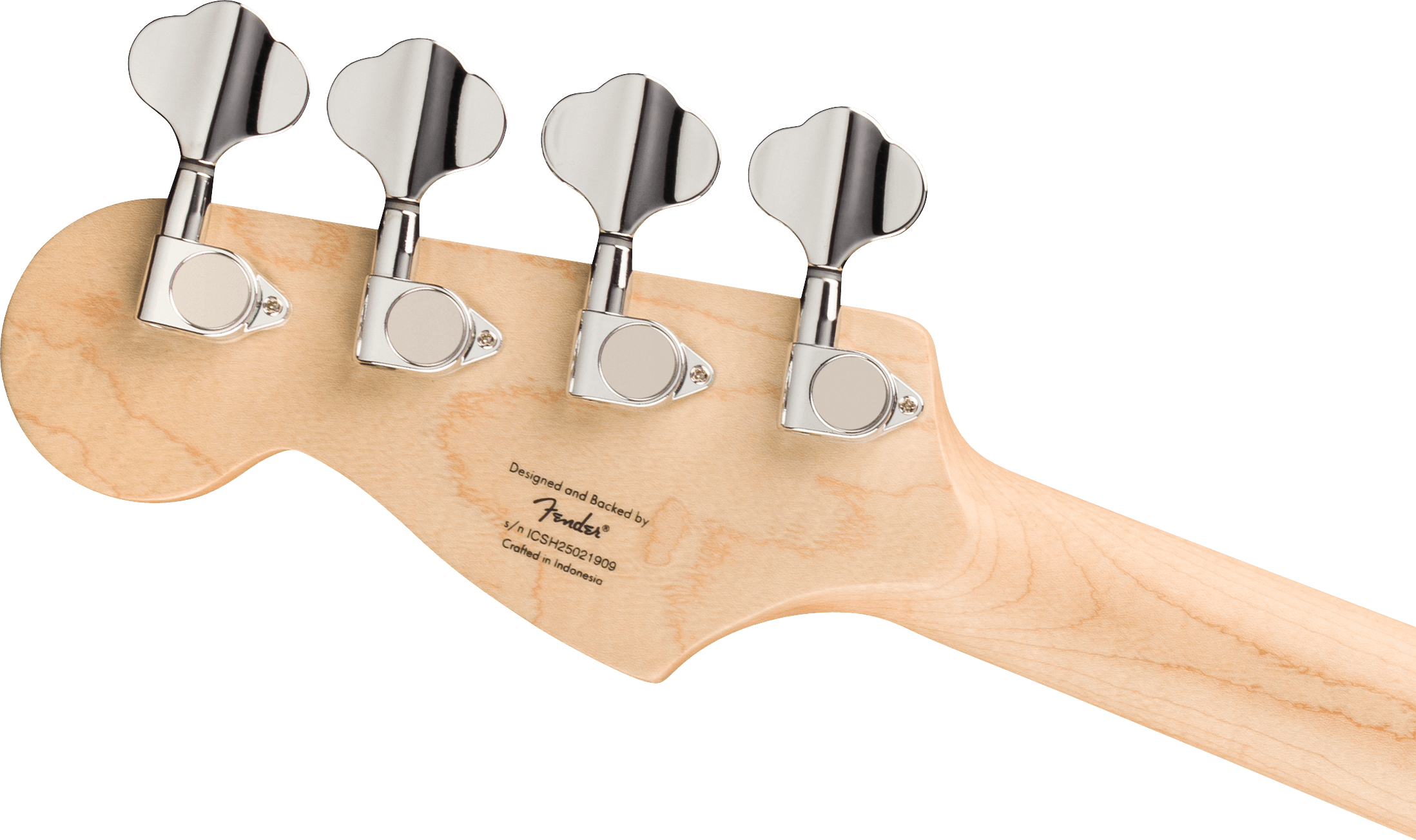Back of a Fender electric guitar headstock with four chrome tuning pegs on a light wood finish, serial number and “Crafted in Indonesia” text visible.