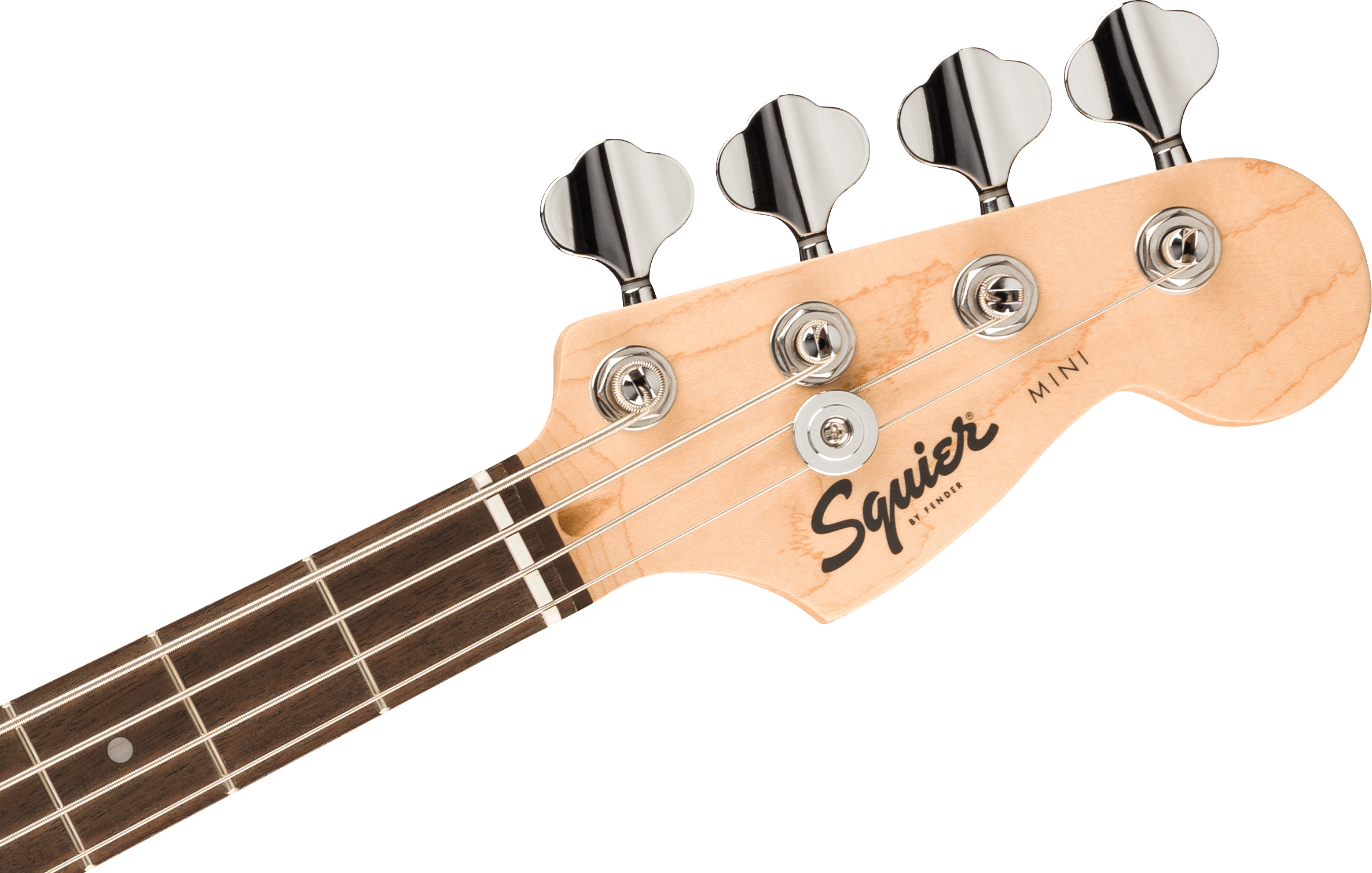 The headstock of a Squier Mini electric guitar with four tuning pegs, maple wood finish, and dark wood fretboard with metal frets and dot inlays.