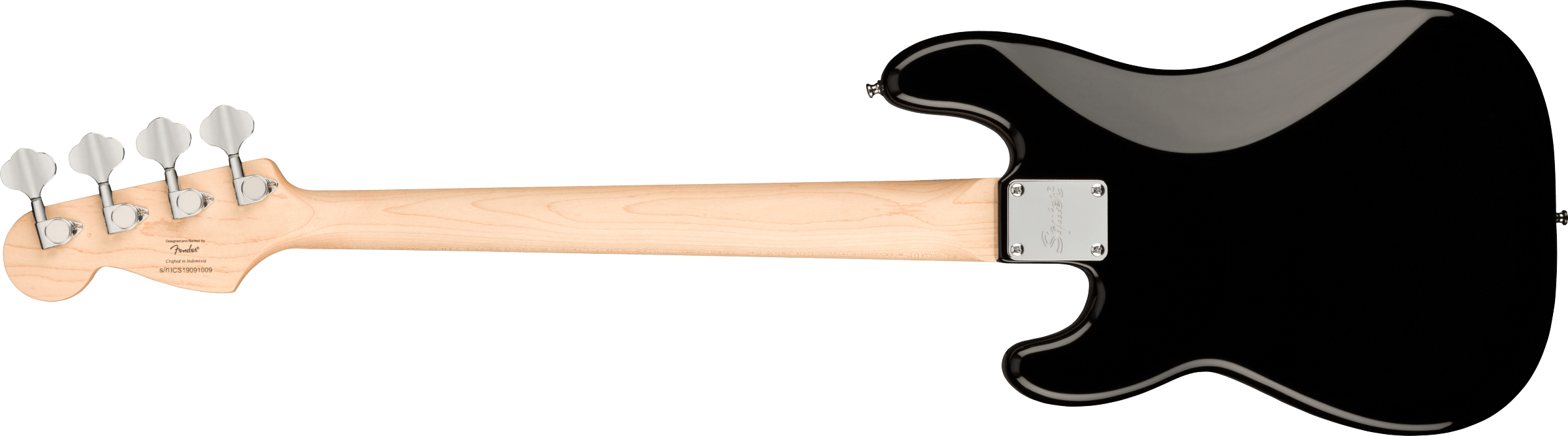 The back of a black electric bass guitar with a light-colored wooden neck and four silver tuning pegs is shown.