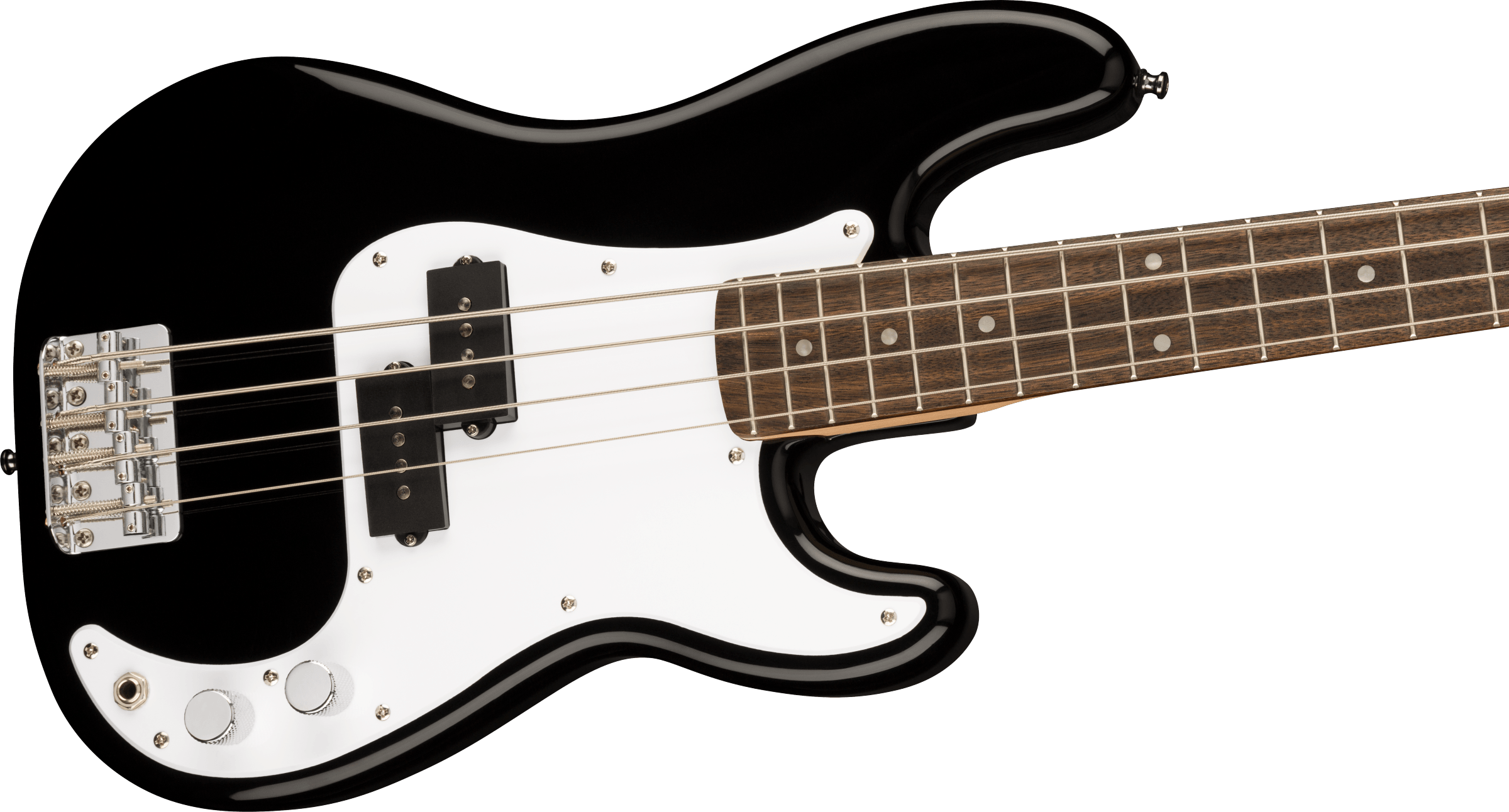 Black electric bass with a white pickguard, four strings, two control knobs, and a dark wood fretboard with dot inlays.