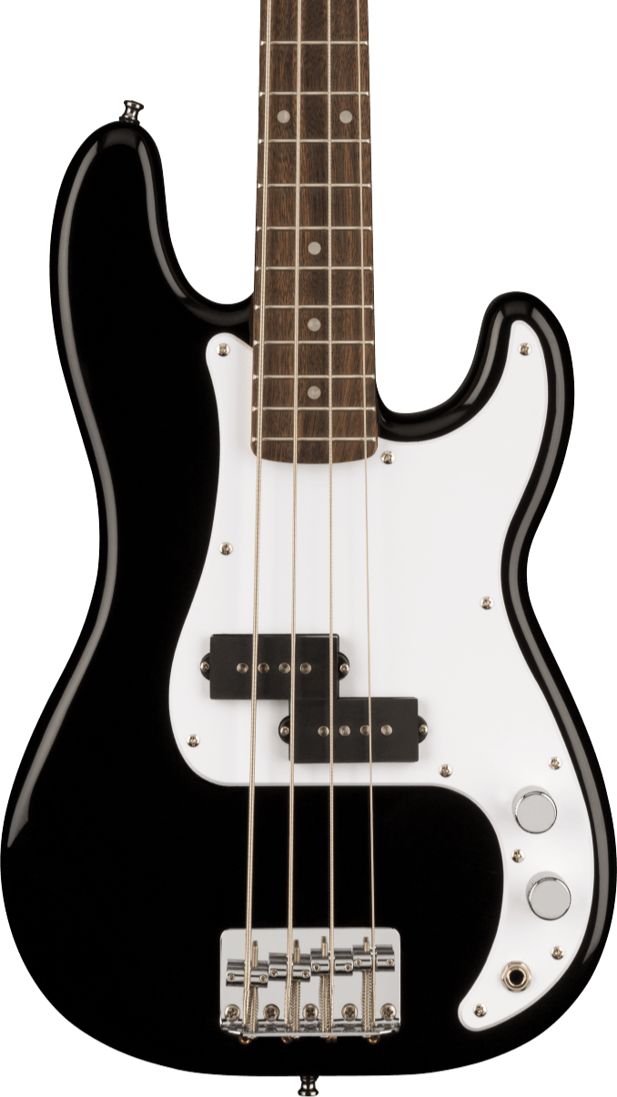 Black electric bass guitar with a white pickguard, four strings, two control knobs, and a split single-coil pickup.