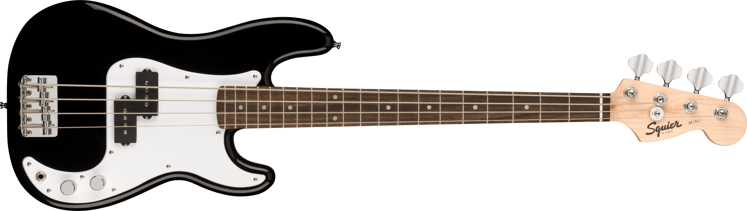 Black electric bass with a white pickguard, four strings, dark fingerboard with dot inlays, and chrome tuning pegs on a light maple headstock.