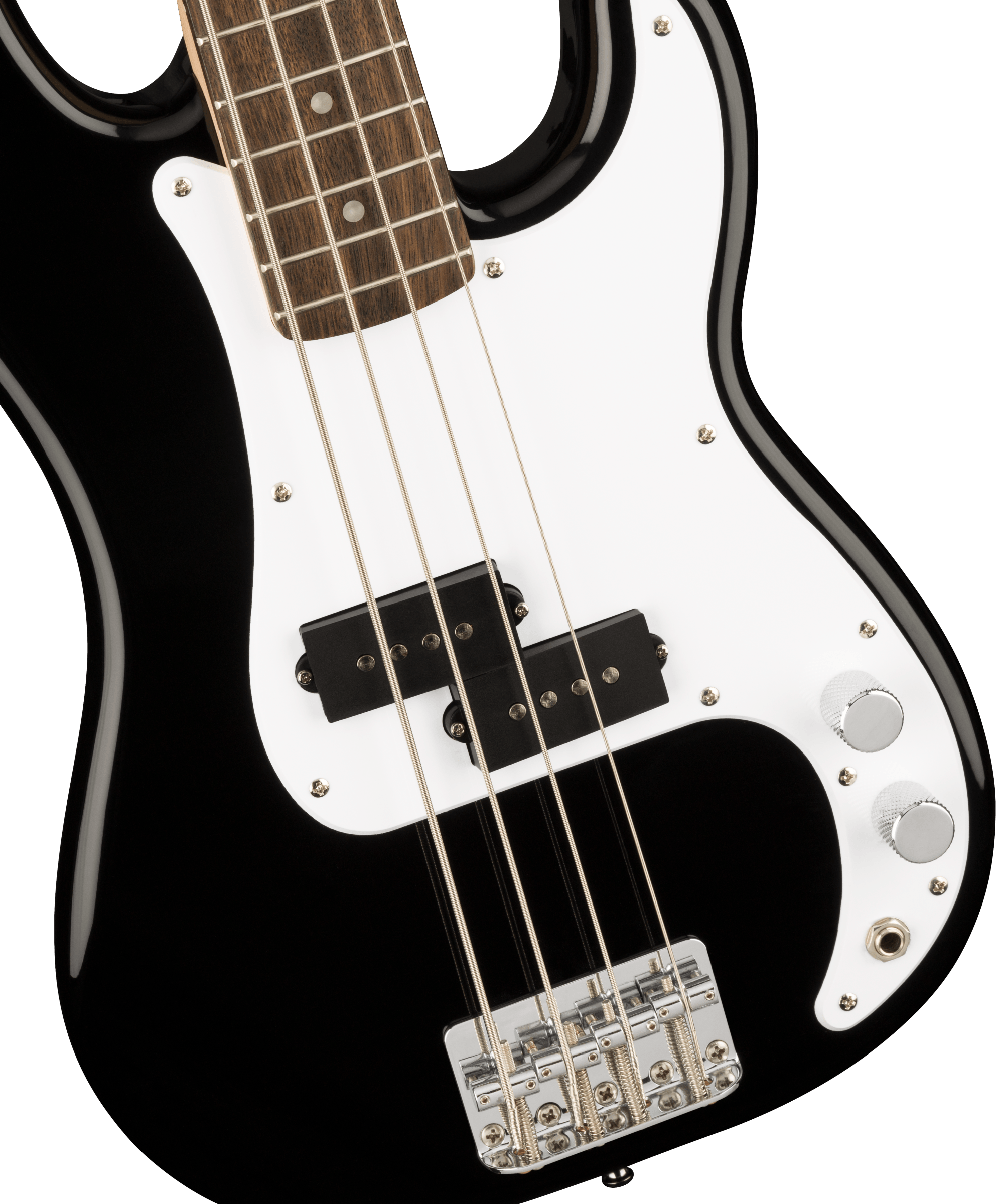 Black electric bass guitar body with a white pickguard, four metal strings, two knobs, and a silver bridge.
