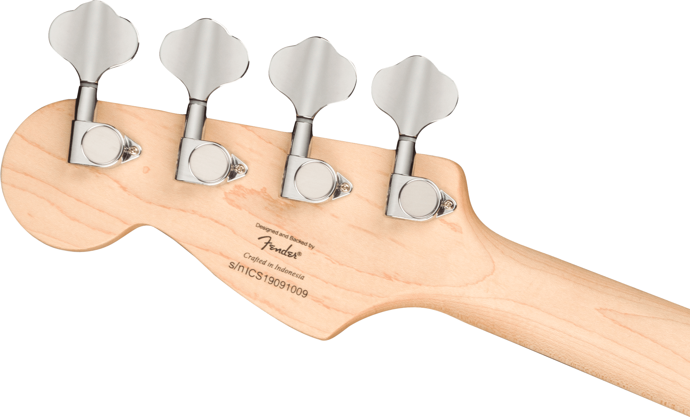 Light wood electric bass headstock with four large silver tuning pegs, Fender logo, and serial number stamped on the back.
