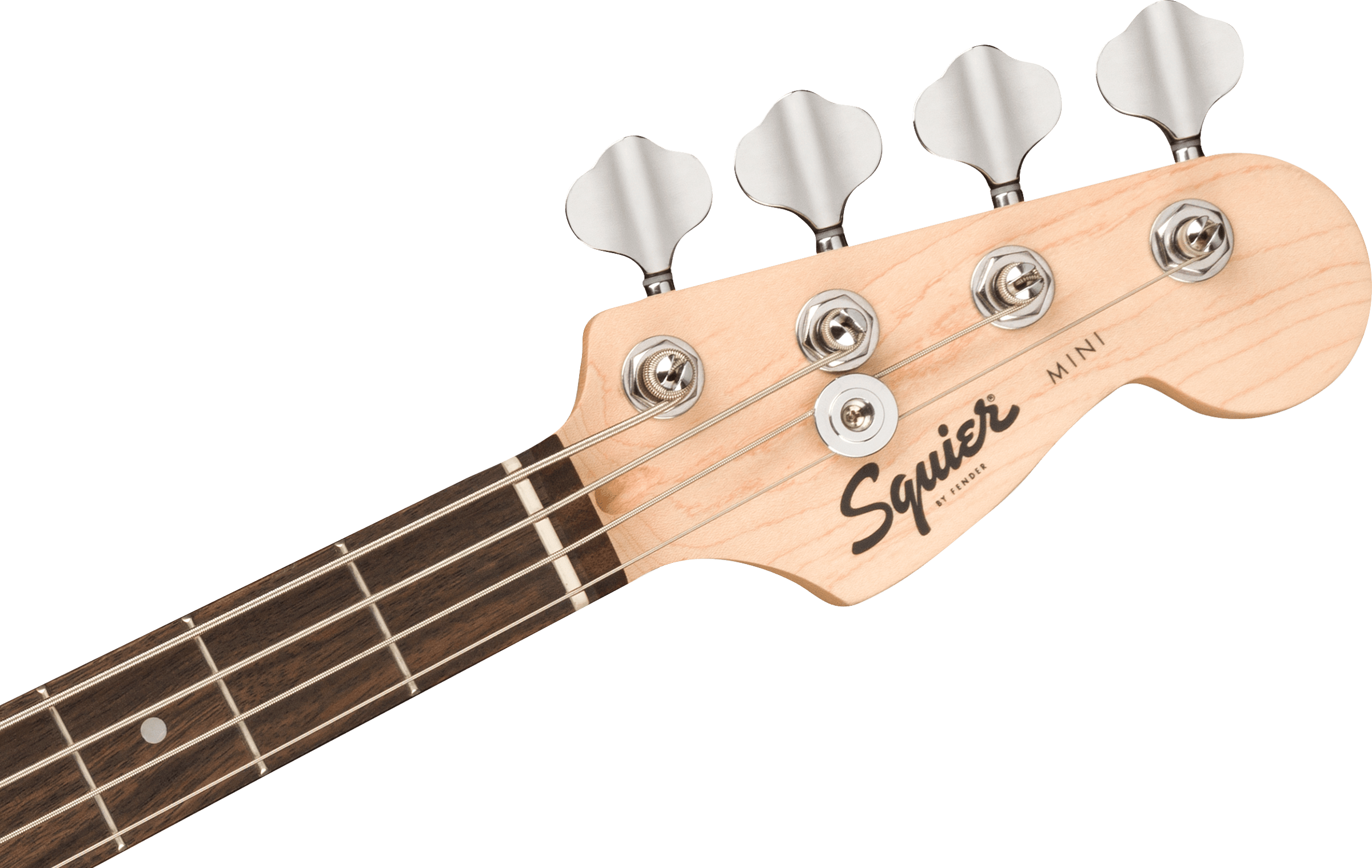 Light wood headstock of a Squier Mini electric bass with four metal tuning pegs, visible strings, and part of a dark fingerboard with fret markers.