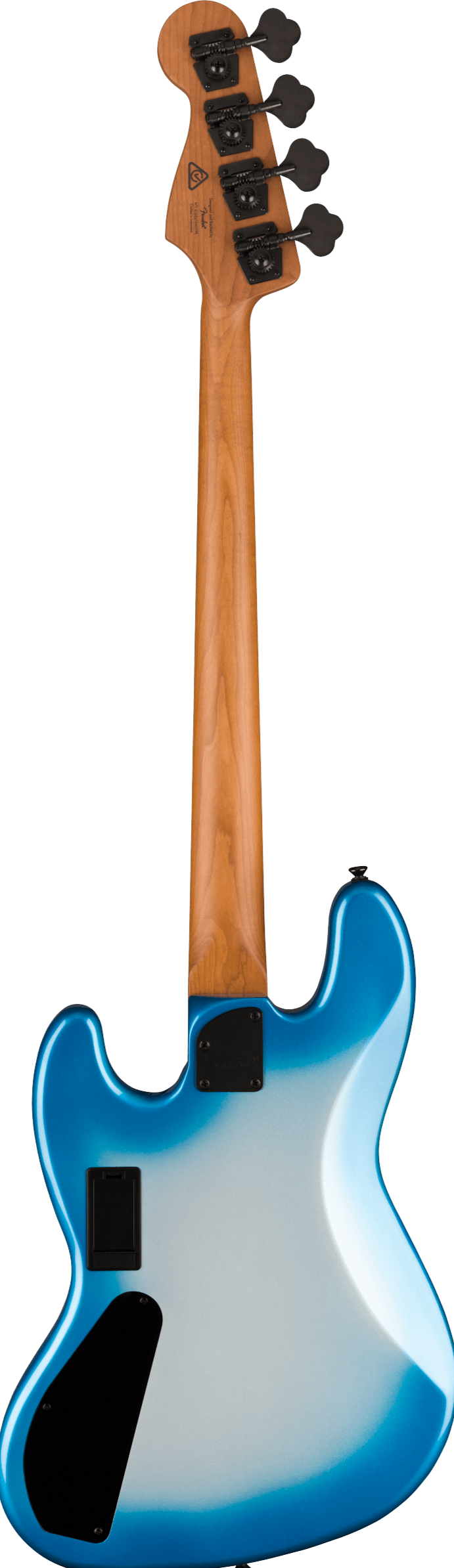 Electric bass guitar viewed from the back, with a natural wood neck and a blue-to-white gradient body, featuring four tuning pegs and black panels.