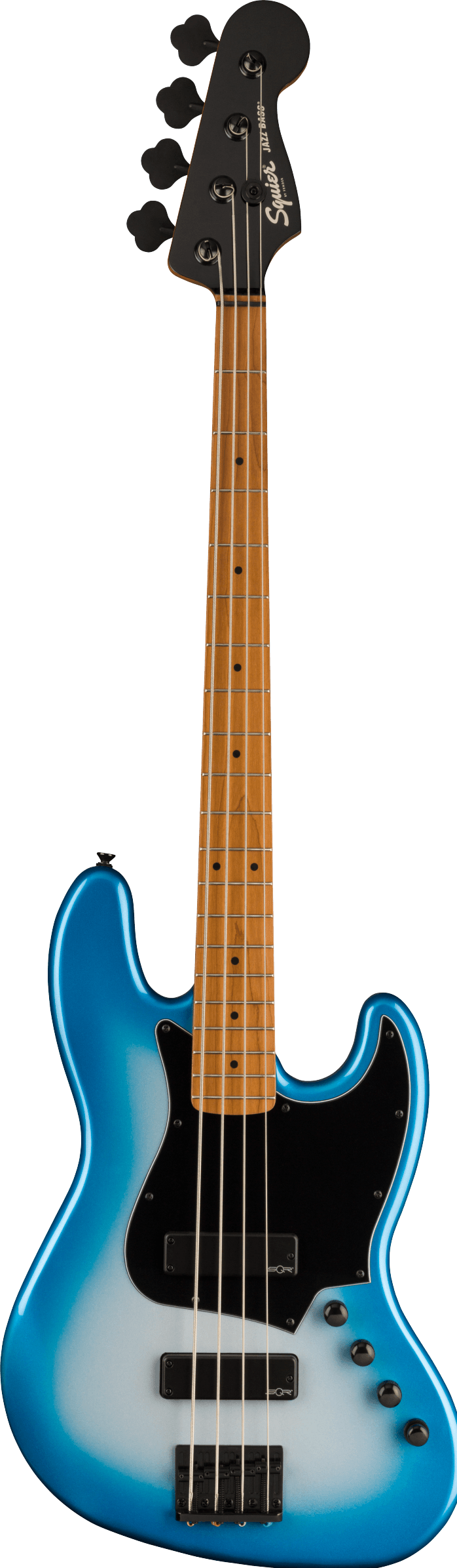 Squier Jazz Bass guitar with a light blue body, black pickguard, four strings, and a maple neck featuring black dot inlays.