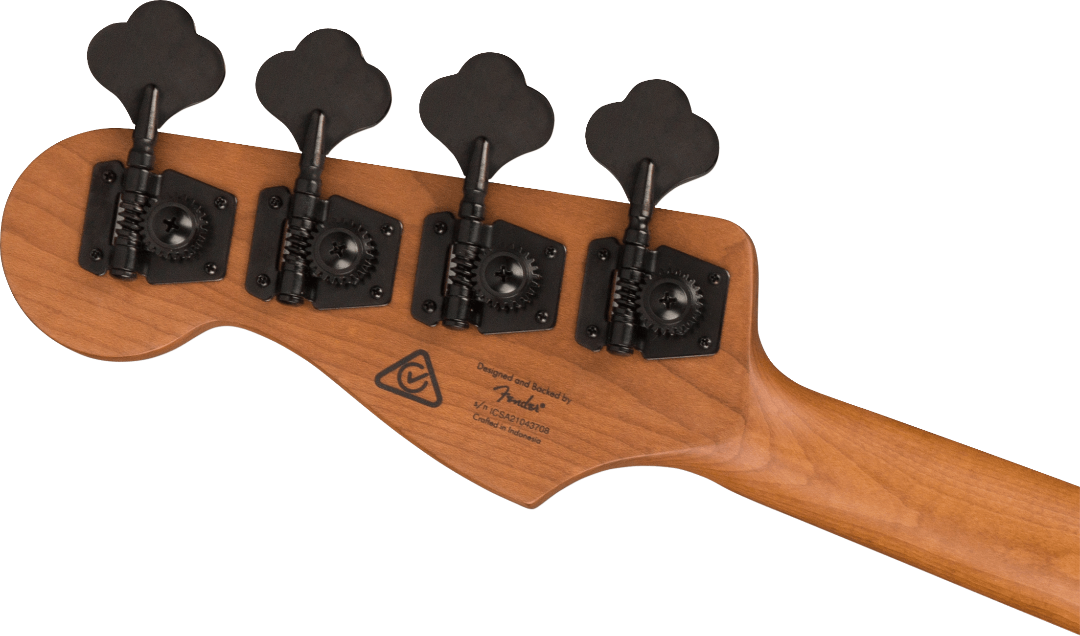 Light brown bass guitar headstock with four black tuning pegs and Fender branding with serial number, viewed from the back.