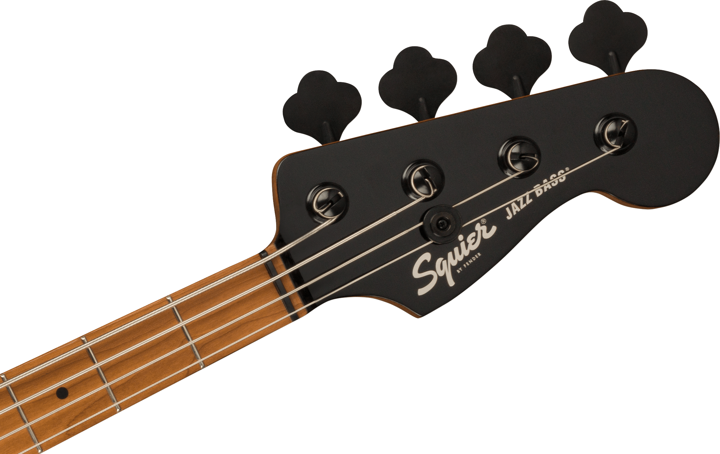 Black headstock of a Squier Jazz Bass guitar with four tuning pegs, metal strings, and part of a maple neck with dot inlays visible.