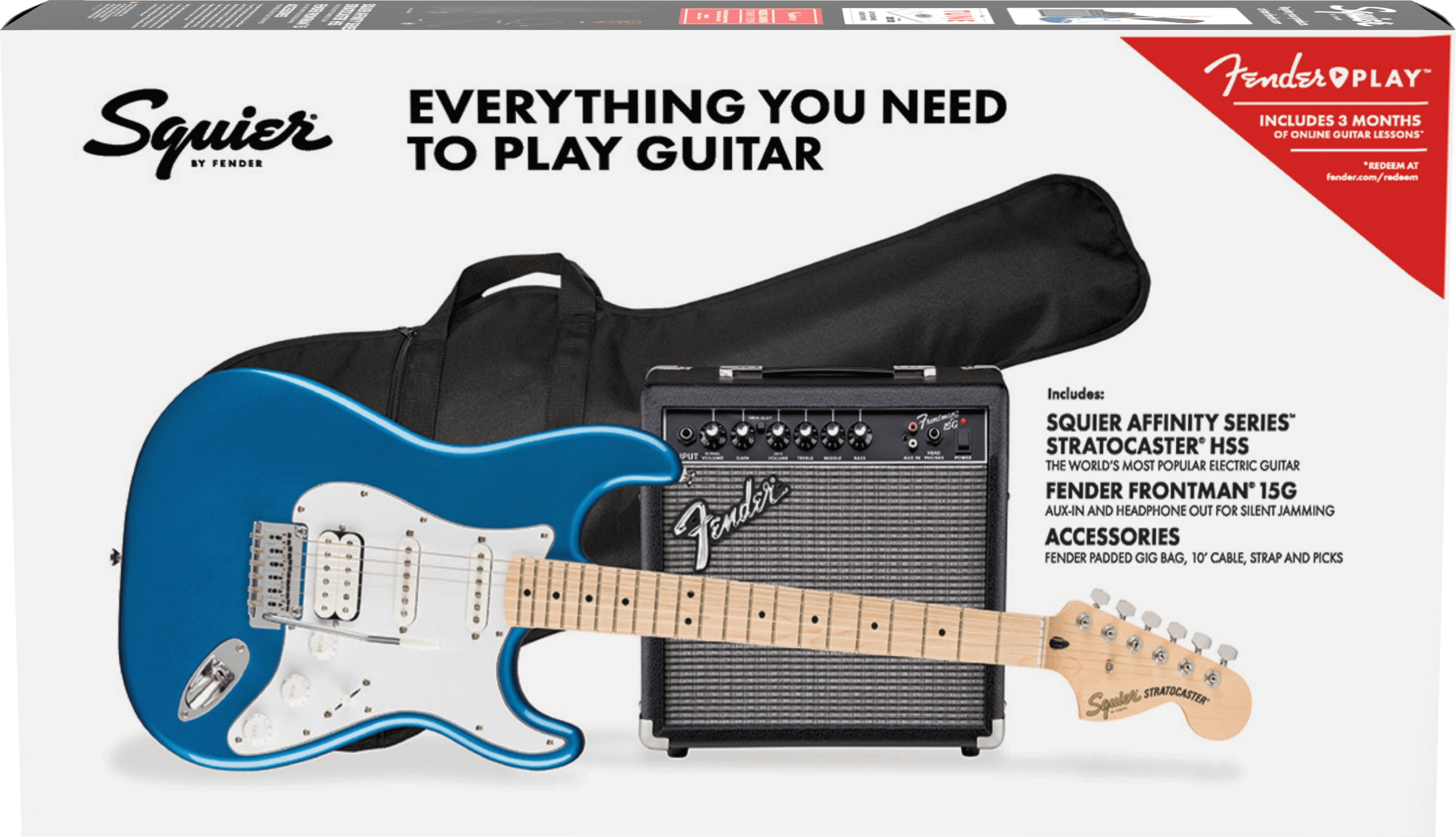 Blue Squier Stratocaster electric guitar kit with padded gig bag, Fender Frontman 15G amp, cable, picks, strap, and 3 months Fender Play lessons included.