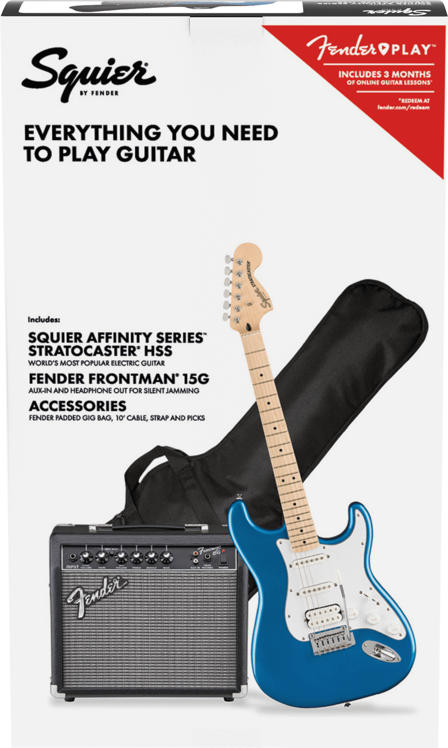 Squier Stratocaster electric guitar in blue with gig bag, Fender Frontman amp, cable, strap, picks, and 3 months of online guitar lessons included.